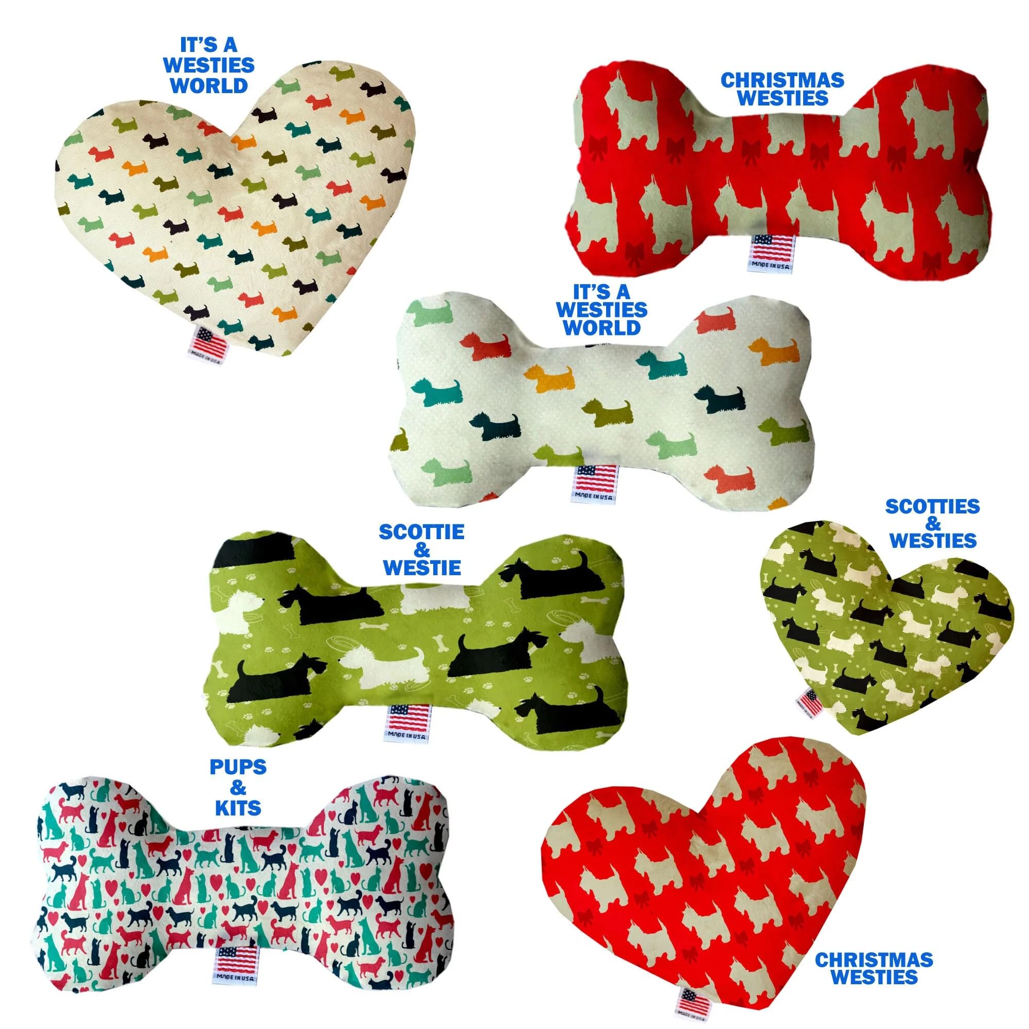 Christmas Pet and Dog Plush Heart or Bone Toy, "Holiday Friends Group" (Available in different sizes, and 7 different patterns!) Christmas Westies 8" Plush Heart