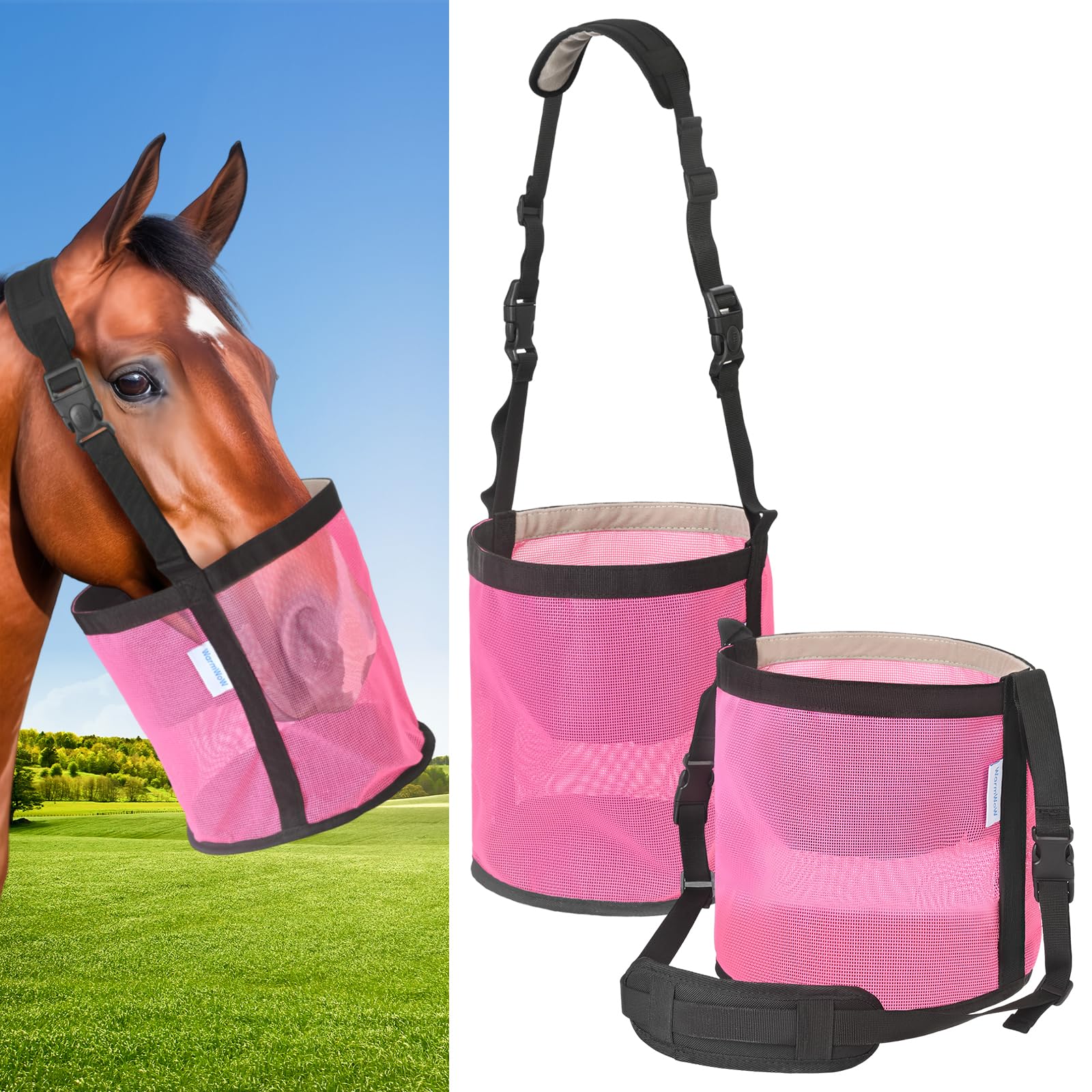 WARMWOW Horse Feed Bag Pack of 2, Feed Bags for Horses with Ventilation Mesh, Comfort Nose Pad Neck Pad, Adjustable Strap, Spill