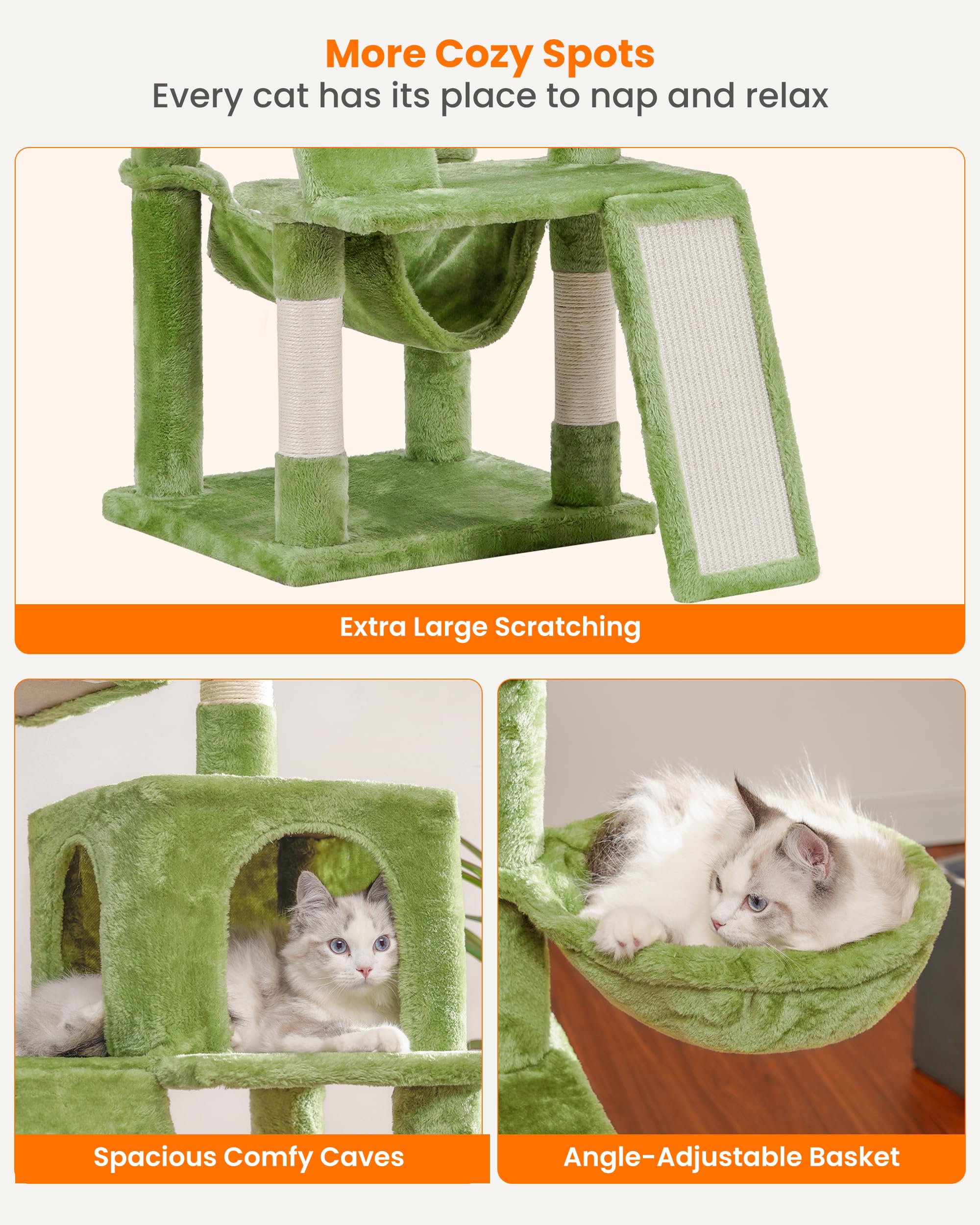 Heybly Cat Tree, Cat Tower For Indoor Cats,Multi-Level Cat Furniture Condo For Cats With Padded Plush Perch, Cozy Basket And Scratching Board Smoky Green Hct014Gr