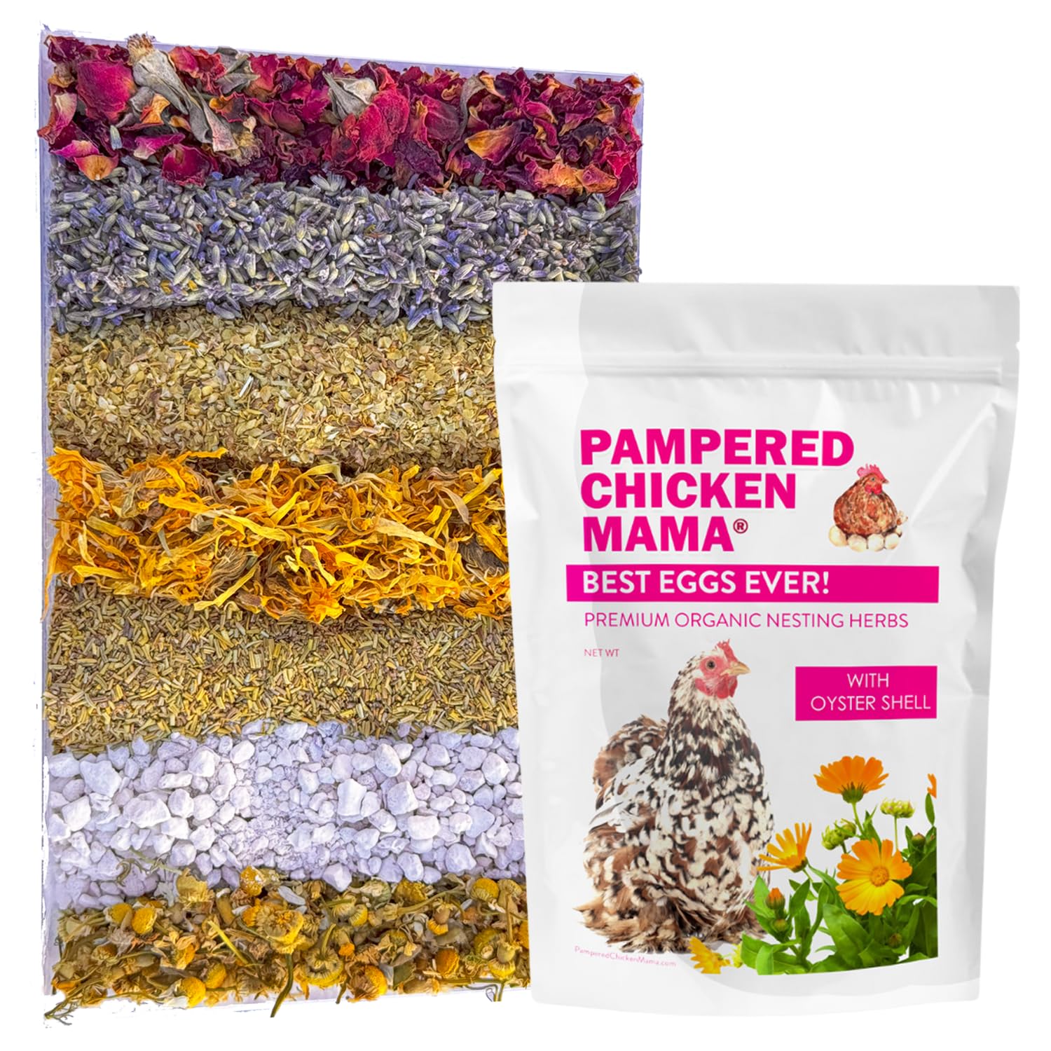 Pampered Chicken Mama Best Eggs Ever! Nesting Herbs for Chickens (1.25 Pounds) Calcium Supplement for Chickens | Chicken Feed Su