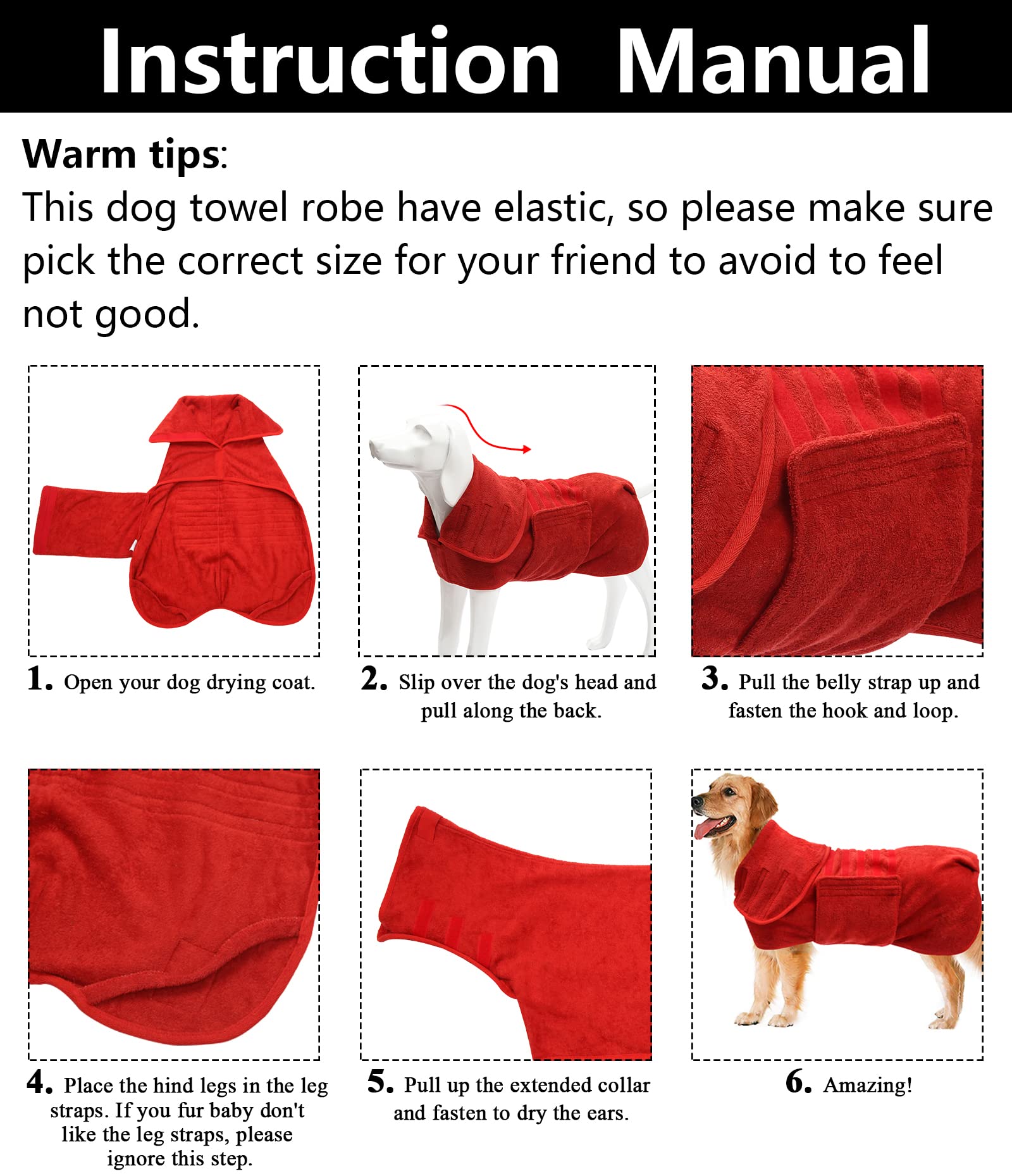 Dog Drying Coat Dressing Gown Towel Robe Pet Microfibre Super Absorbent Anxiety Relief Designed Puppy Fit For Small Medium Large Dogs - Red - S