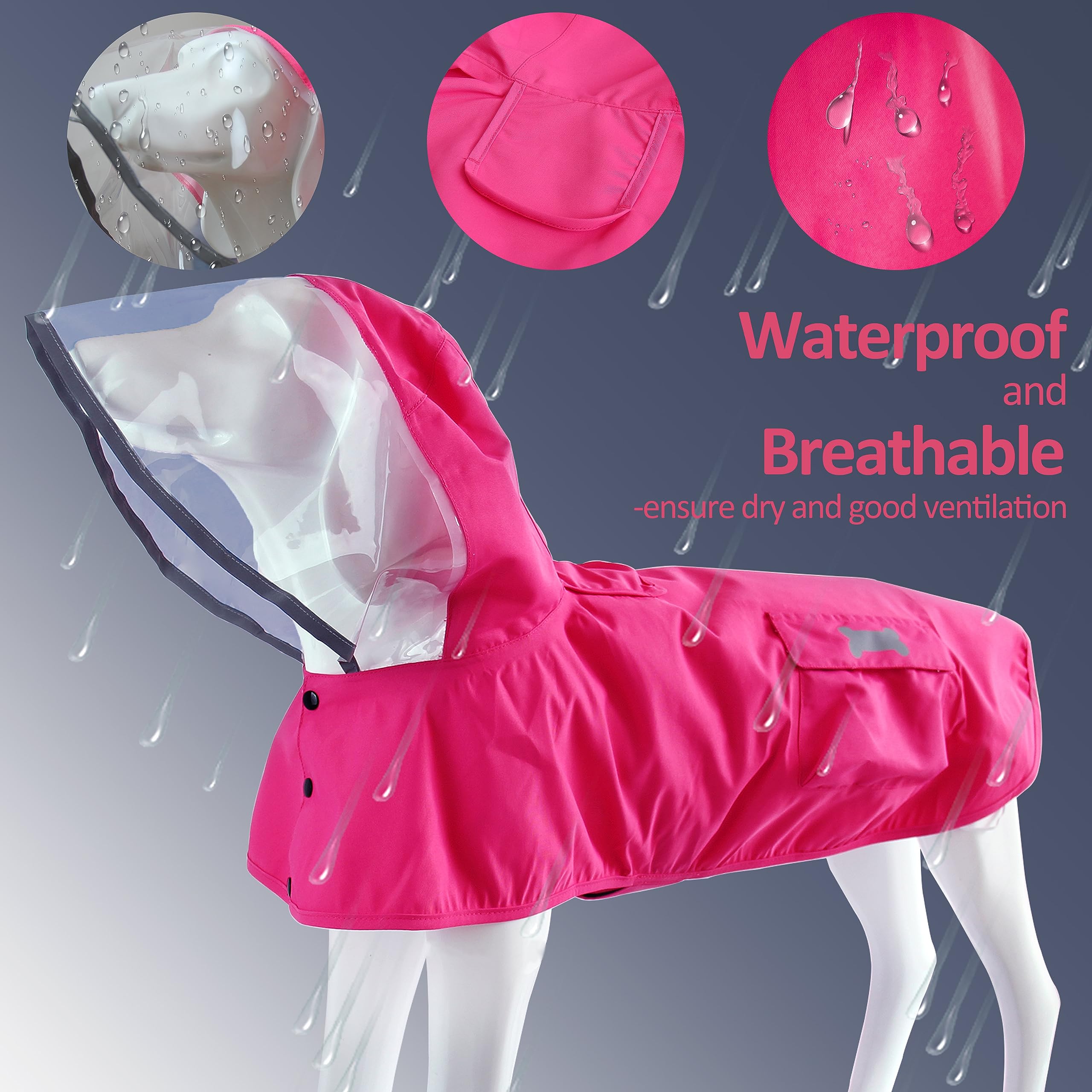 Waterproof Dog Raincoat, Adjustable Reflective Lightweight Pet Rain Clothes With Poncho Hood (Small, Dark Pink)