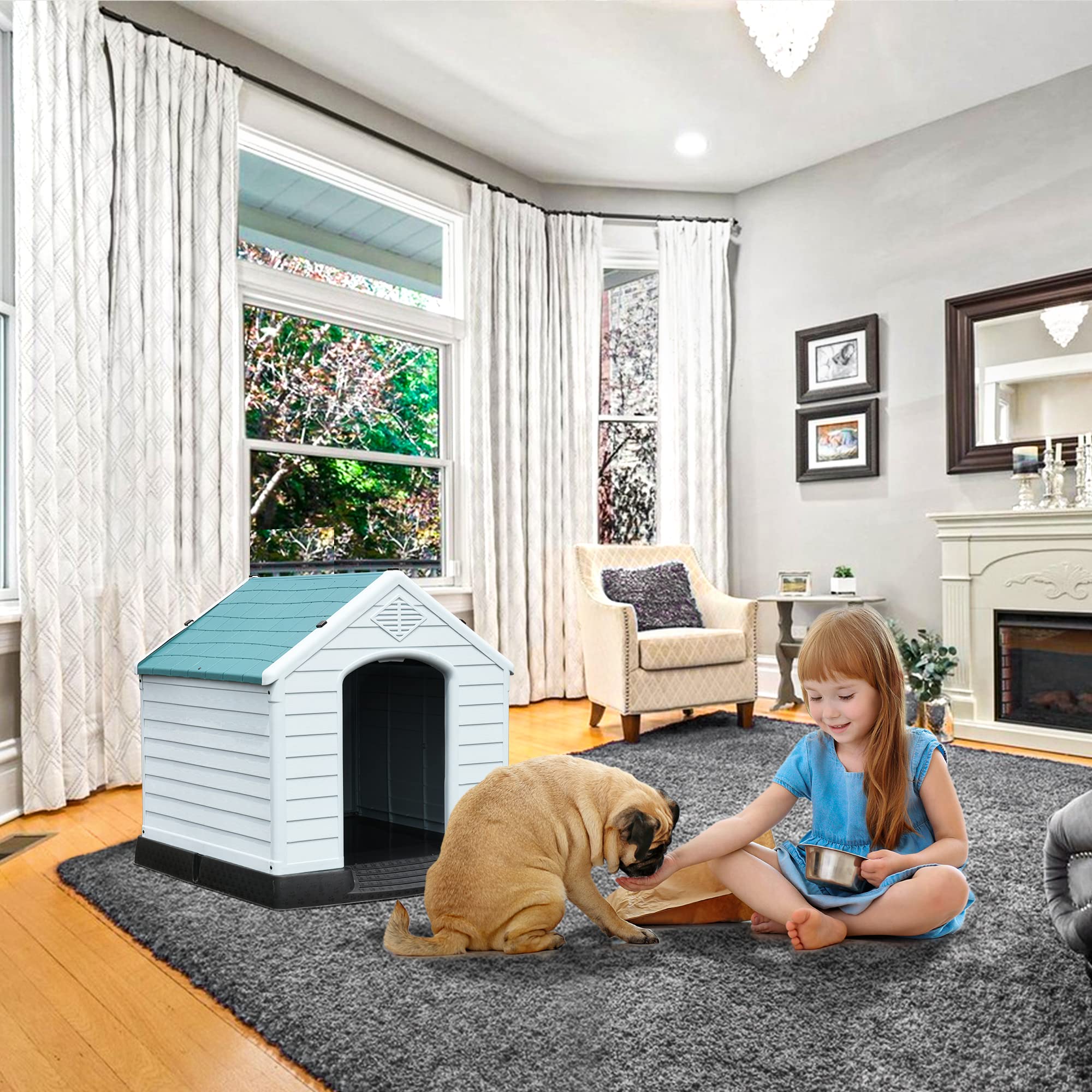Yitahome 41'' Large Plastic Dog House Outdoor Indoor Doghouse Puppy Shelter Water Resistant Easy Assembly Sturdy Dog Kennel With