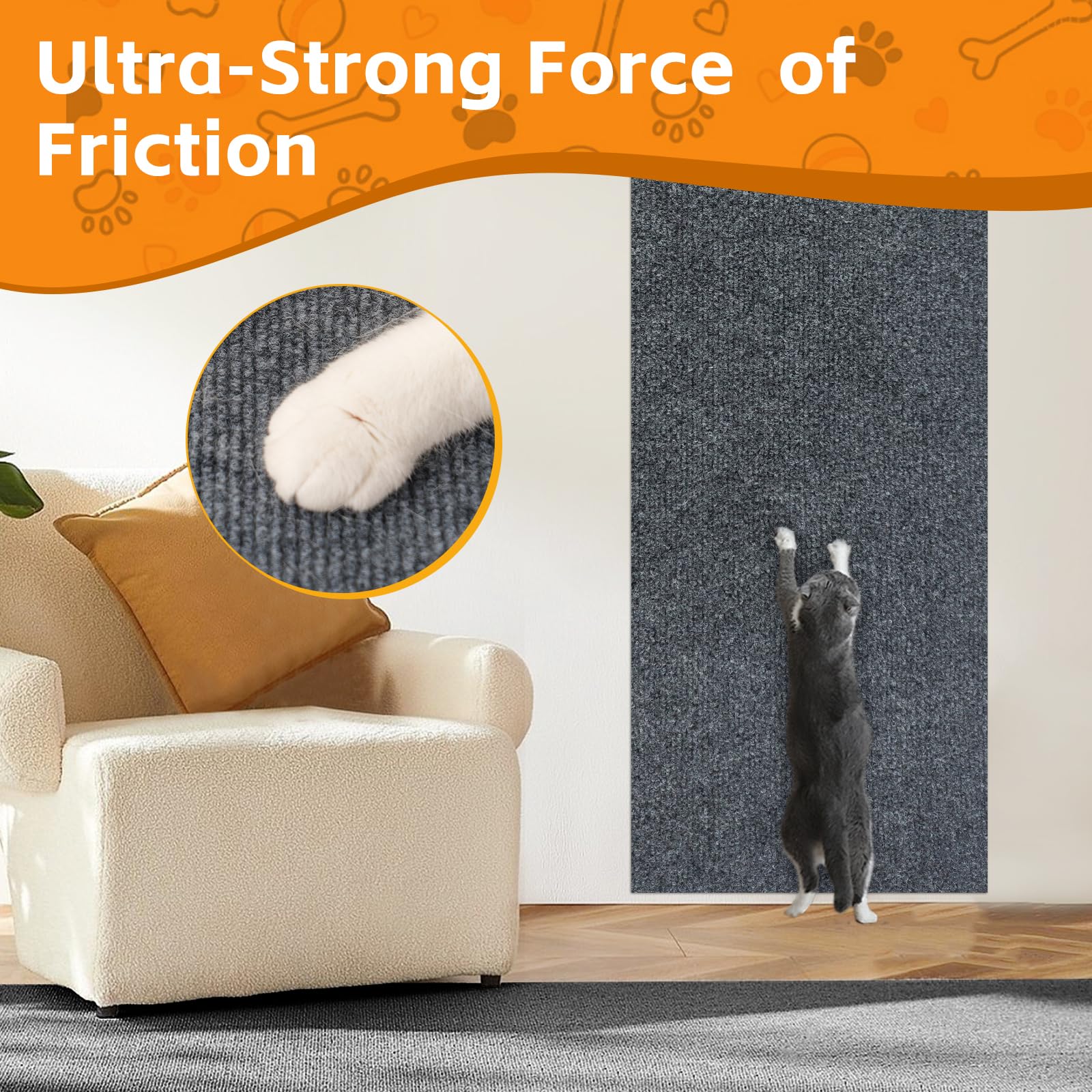 50'X16' Cat Scratch Protector Cat Anti Scratch Furniture Mat Carpet Trimmable Self-Adhesive Pad Strong Viscose Couch Protector