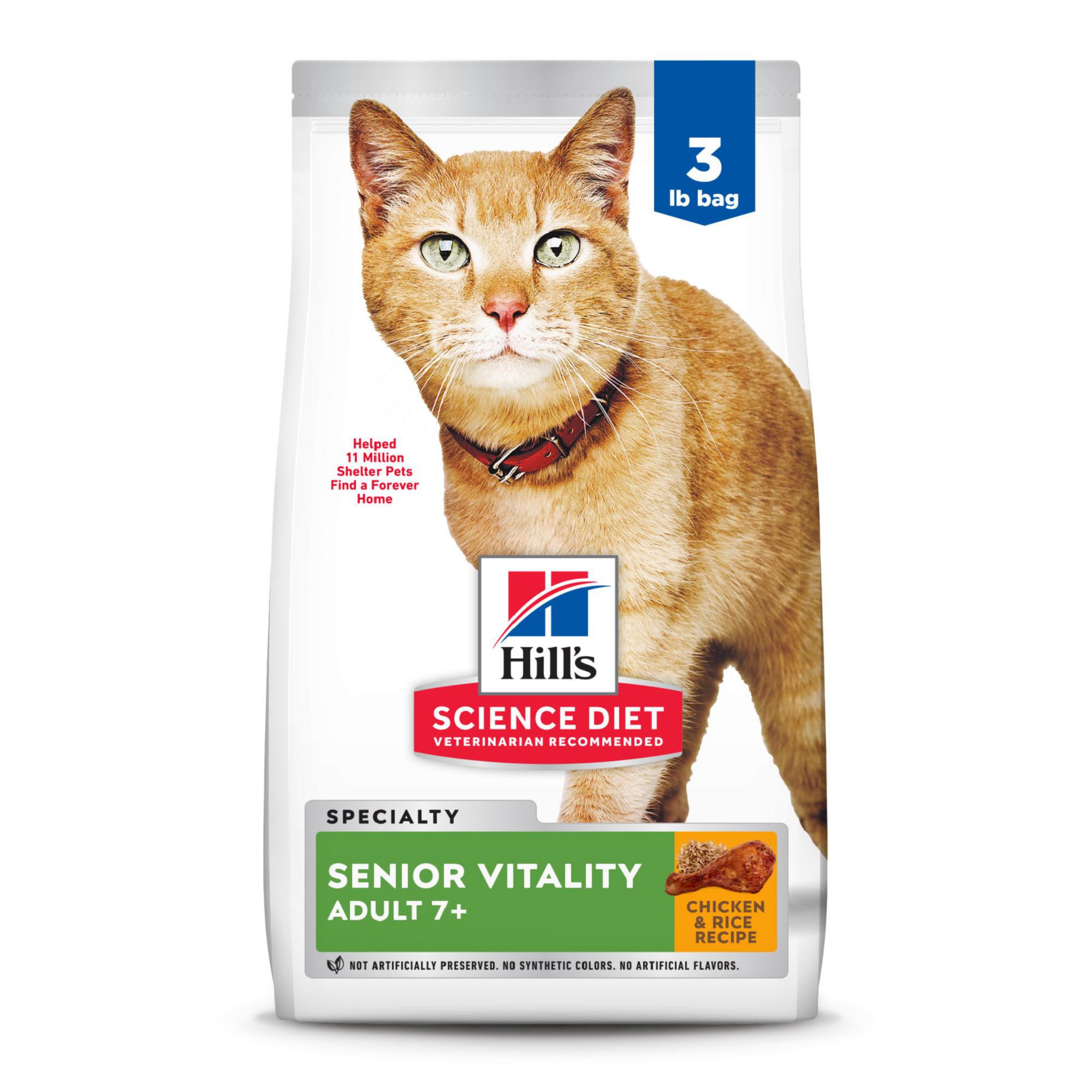 Hills Science Diet Adult 7+ Senior Vitality Chicken & Rice Recipe Dry Cat Food 3 lbs.