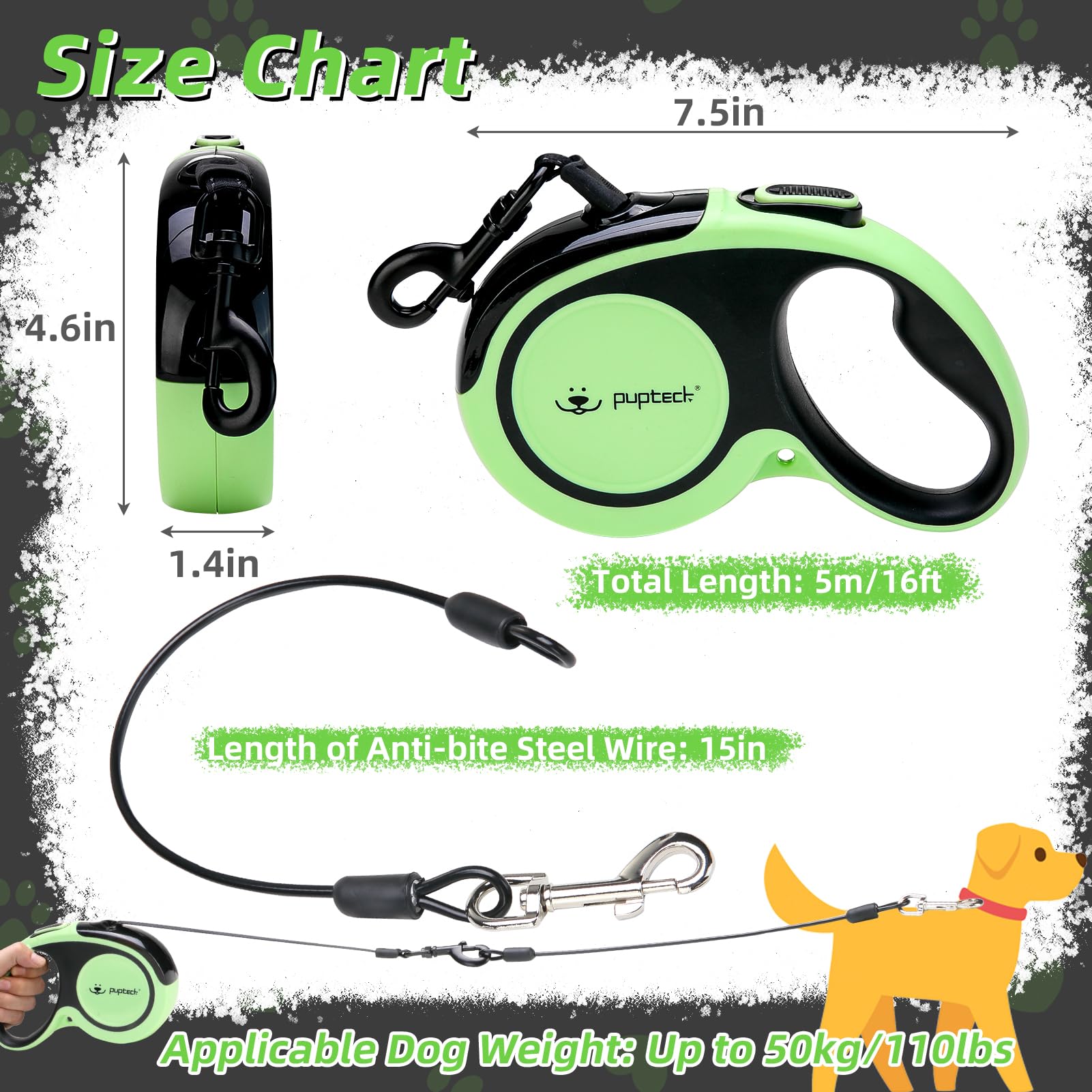 PUPTECK Chew Proof Retractable Dog Leash, 16ft Reflective, for Dogs up to 110lbs, Durable Wire Rope, Green