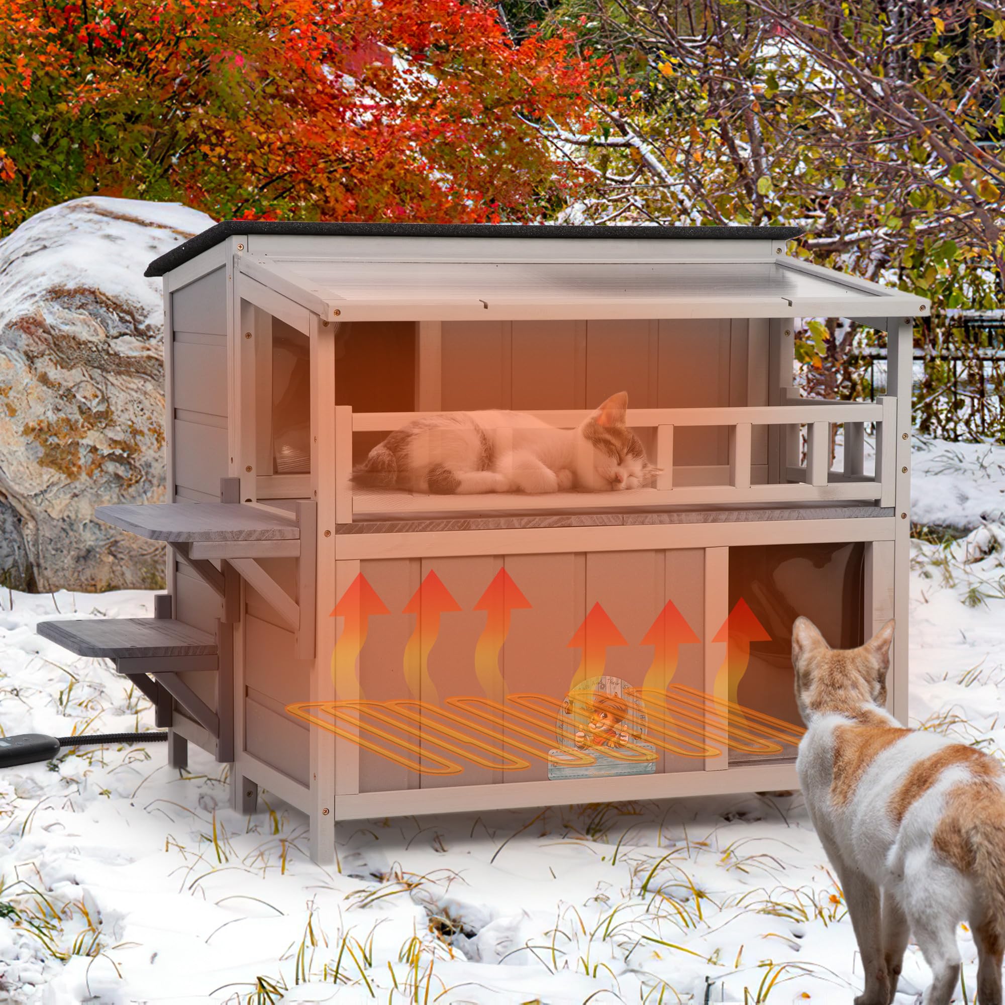 Outdoor Heating Pad Insulated Cat House, Warm Cat Shelter With Heated Pet Pad Bed, Balcony, Timing And Temp Adjustable, Feral Ca