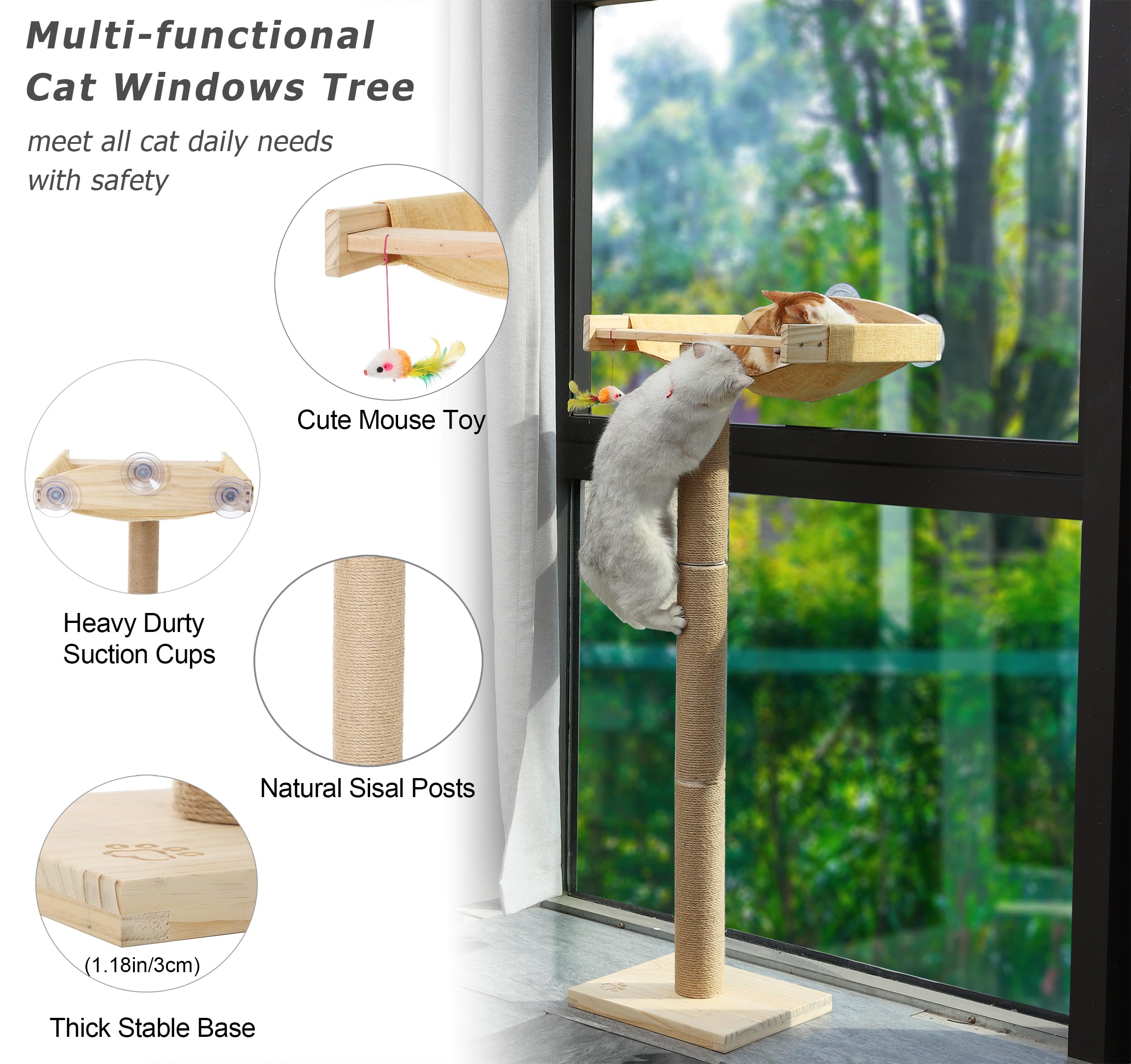 Caloreduce Cat Window Perch with Scratching Posts, 46" Climbing Tree Hammock, Wood, Cotton, Suction Cups for Sleeping & Playing