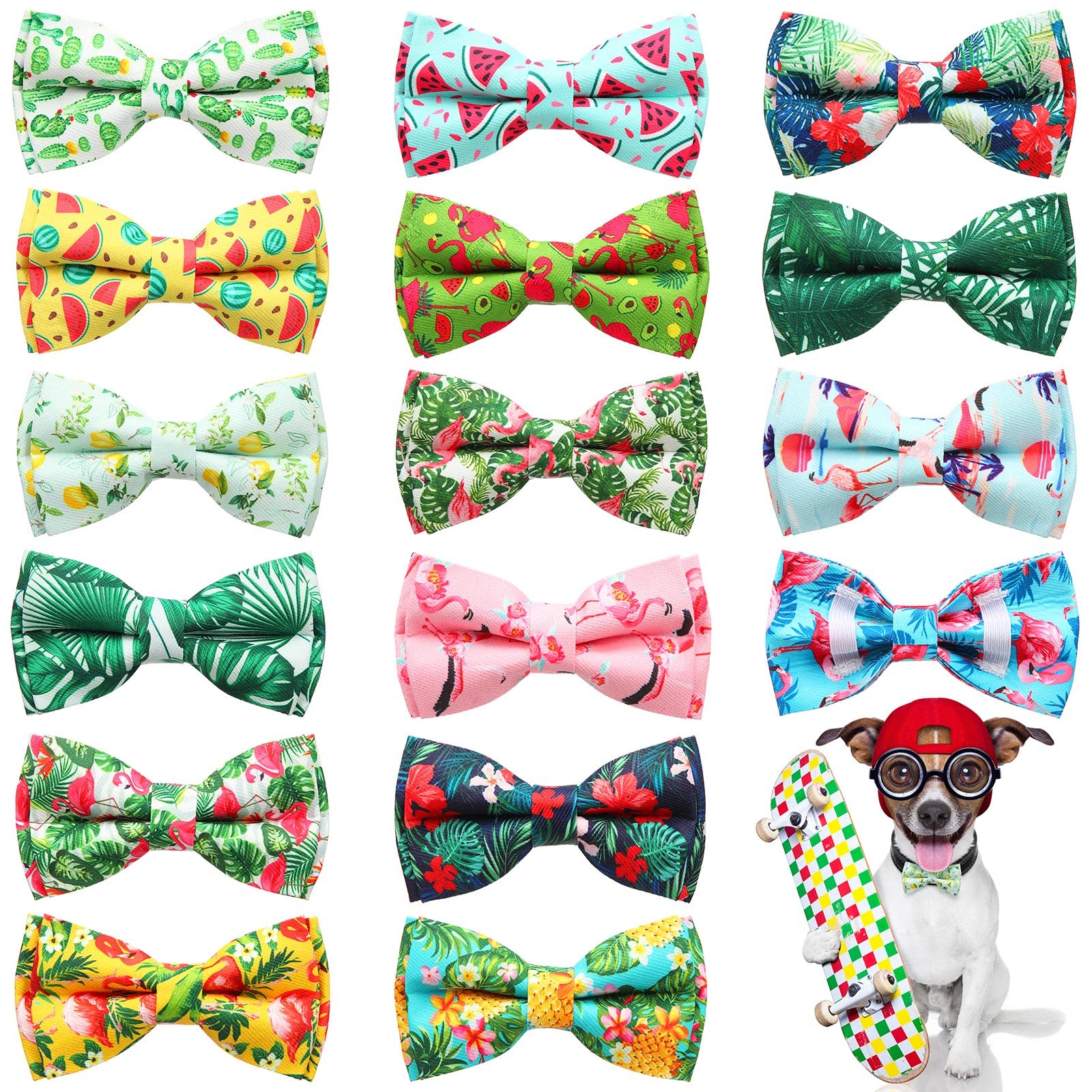 Xuniea 16 Pcs Dog Bow Ties Collar Attachment Slides Hawaiian Summer Bowtie for Cats and Dogs Cute Collar Charms Detachable with 