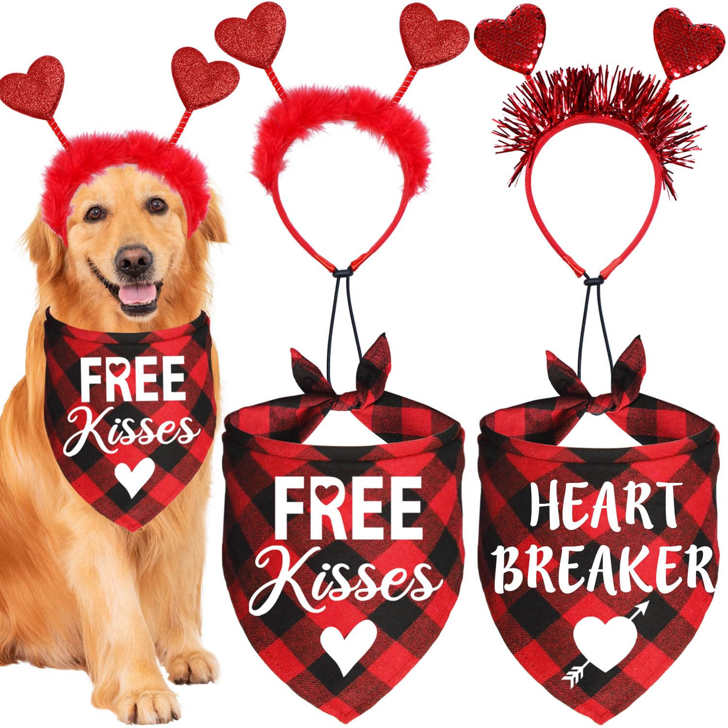 Jotfa 4 Pack Valentine'S Day Dog Bandanas Costumes, Valentines Dog Outfits Heart Headband For Small Medium Large Dogs (Red, Free