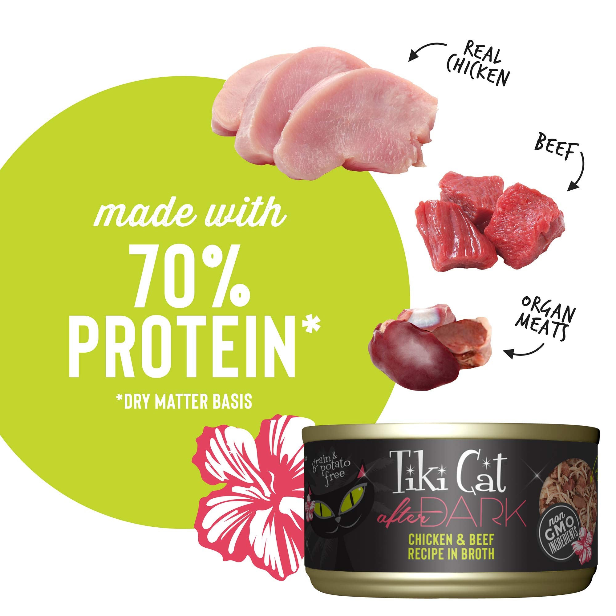 TIKI PETS Cat After Dark Grain-Free, Low-Carbohydrate Wet Food with Real Shredded Meat for Cats & Kittens, 2.8oz, 12pk, Chicken