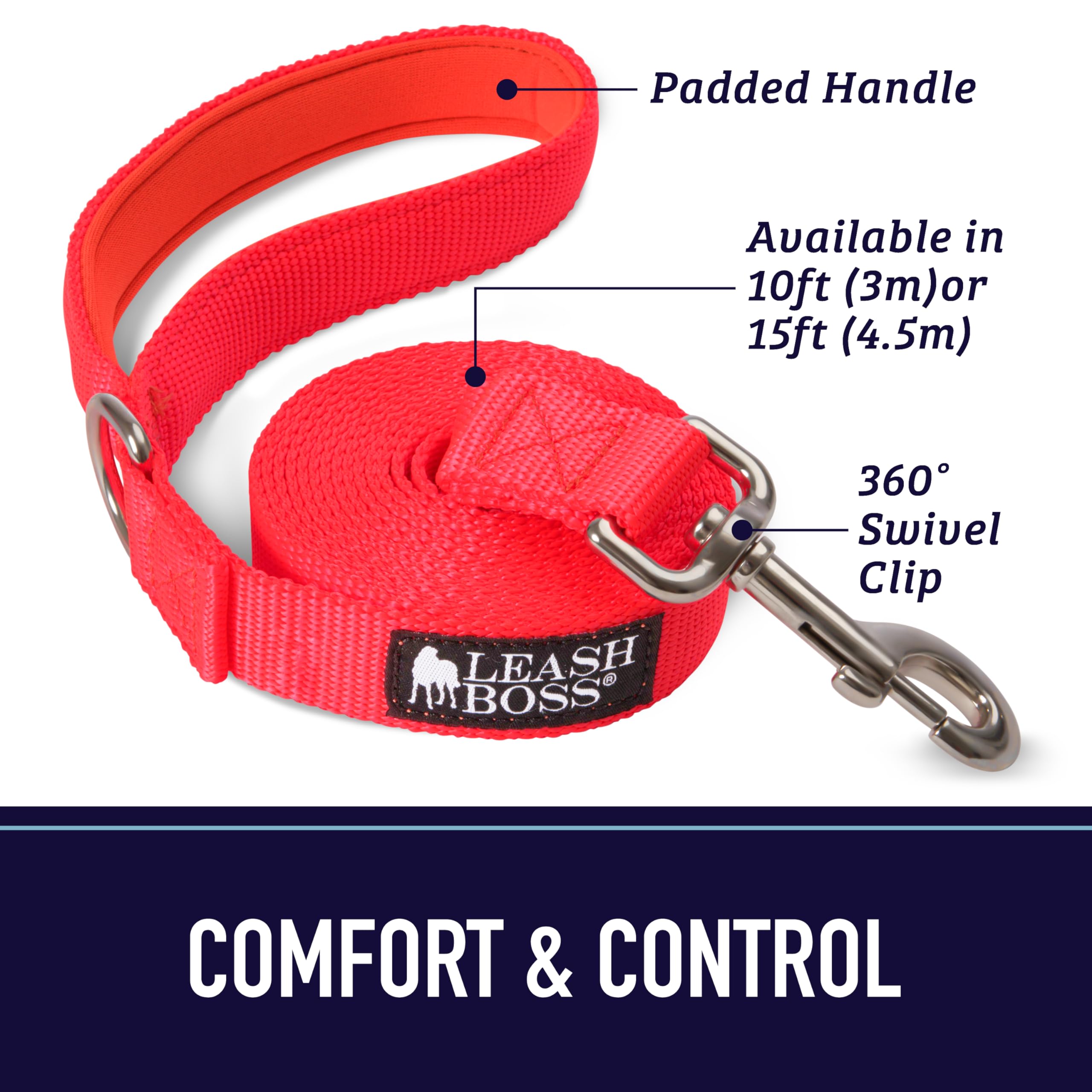 Leash Boss 15 Foot Dog Leash With Padded Handle - Long Leash For Hiking, Camping, Exploring, Or Walking (15 Ft, Black/Red/Grey)