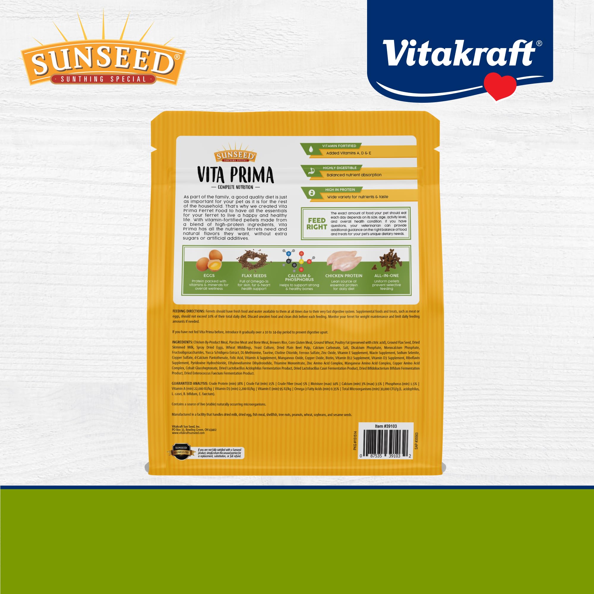 Sunseed Vita Prima Ferret Food - Dry Food for Ferrets - Vitamin-Fortified with Essential Nutrients - Supports Healthy Digestion