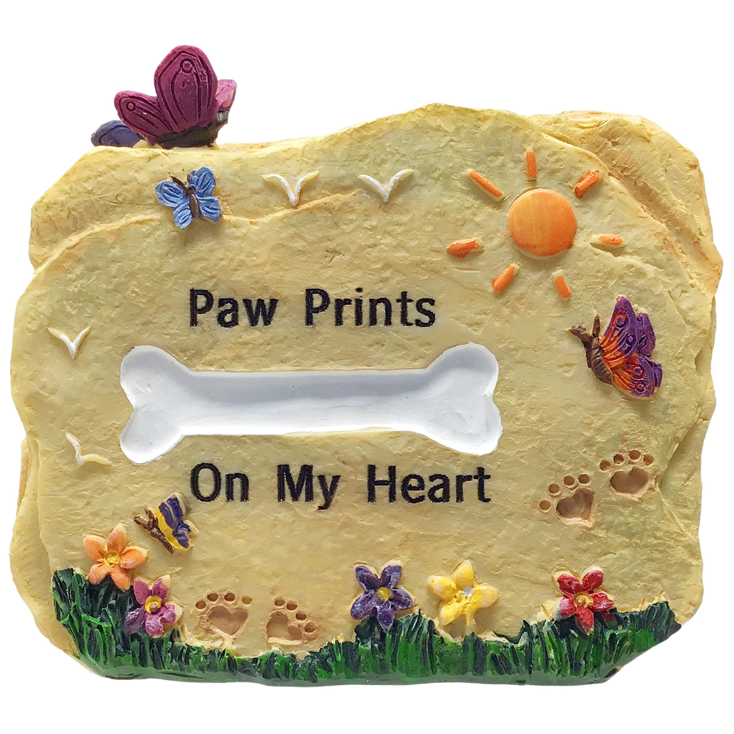Banberry Designs Dog Memorial Stone - Paw Prints On My Heart Rock With Butterflies, Flowers, Sun - 3.25' W X 2.5' H X 1.5' D - Desktop Pet Remembrance Décor