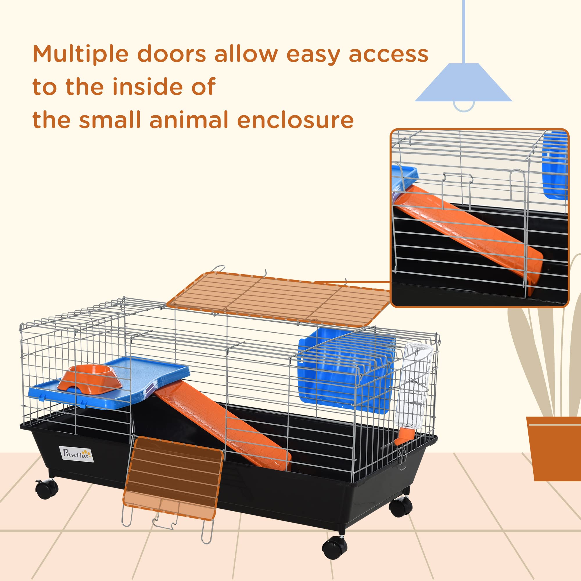 PawHut 35 L Small Animal Cage, Rolling Bunny Cage, Guinea Pig Cage with Food Dish, Water Bottle, Hay Feeder, Platform, Ramp for