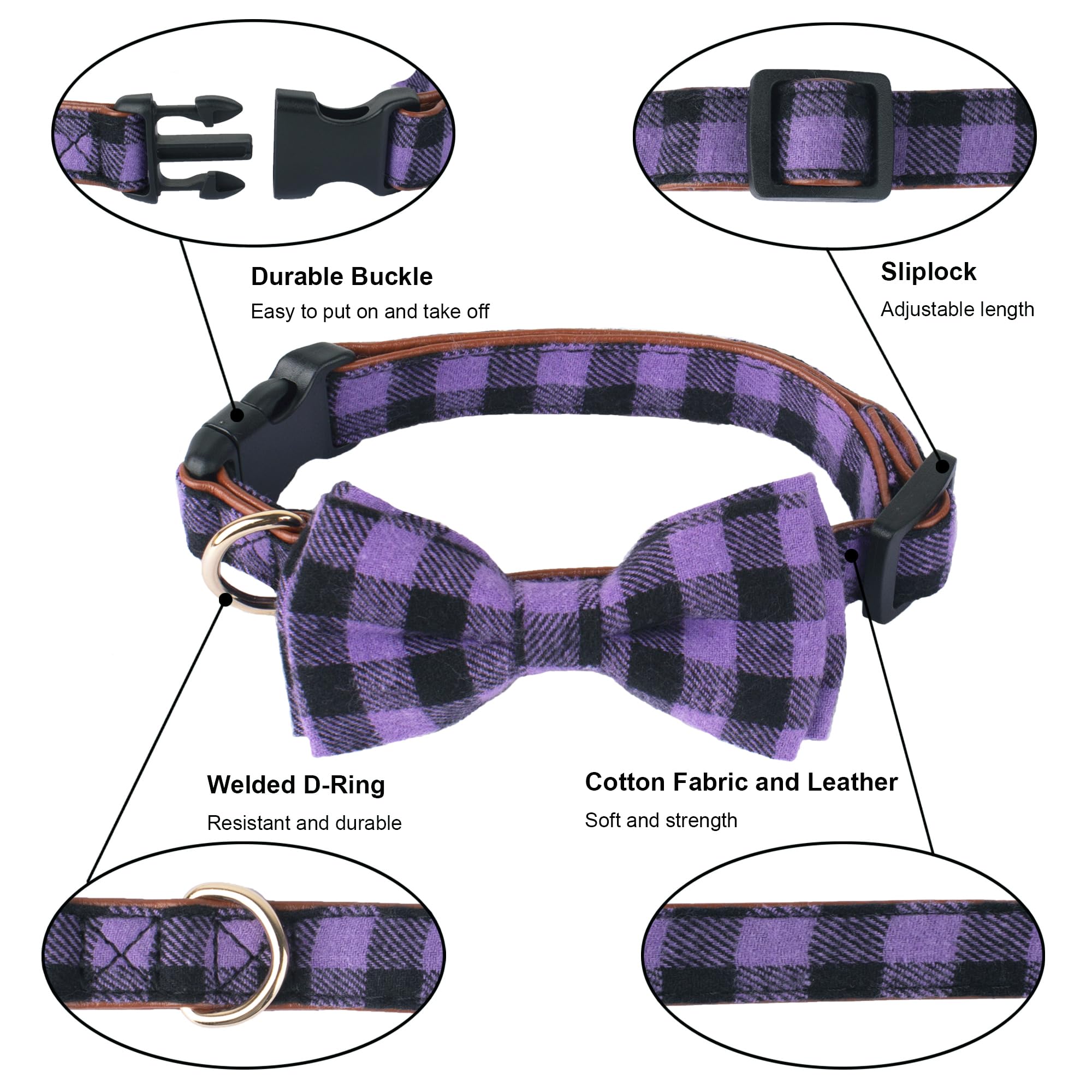 Adoggygo Halloween Dog Collar With Bow, Adjustable Plaid Dog Collars With Removable Bowtie Orange Purple Plaid Halloween Collars For Medium Dogs Pets (Medium, Orange&Purple)