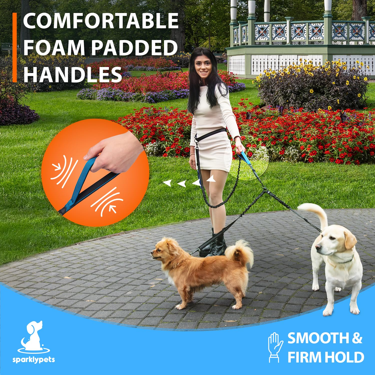 SparklyPets Hands Free Dual Dog Leash - Padded, Reflective, No Pull, Tangle Free for 2 Medium/Large Dogs, Blue