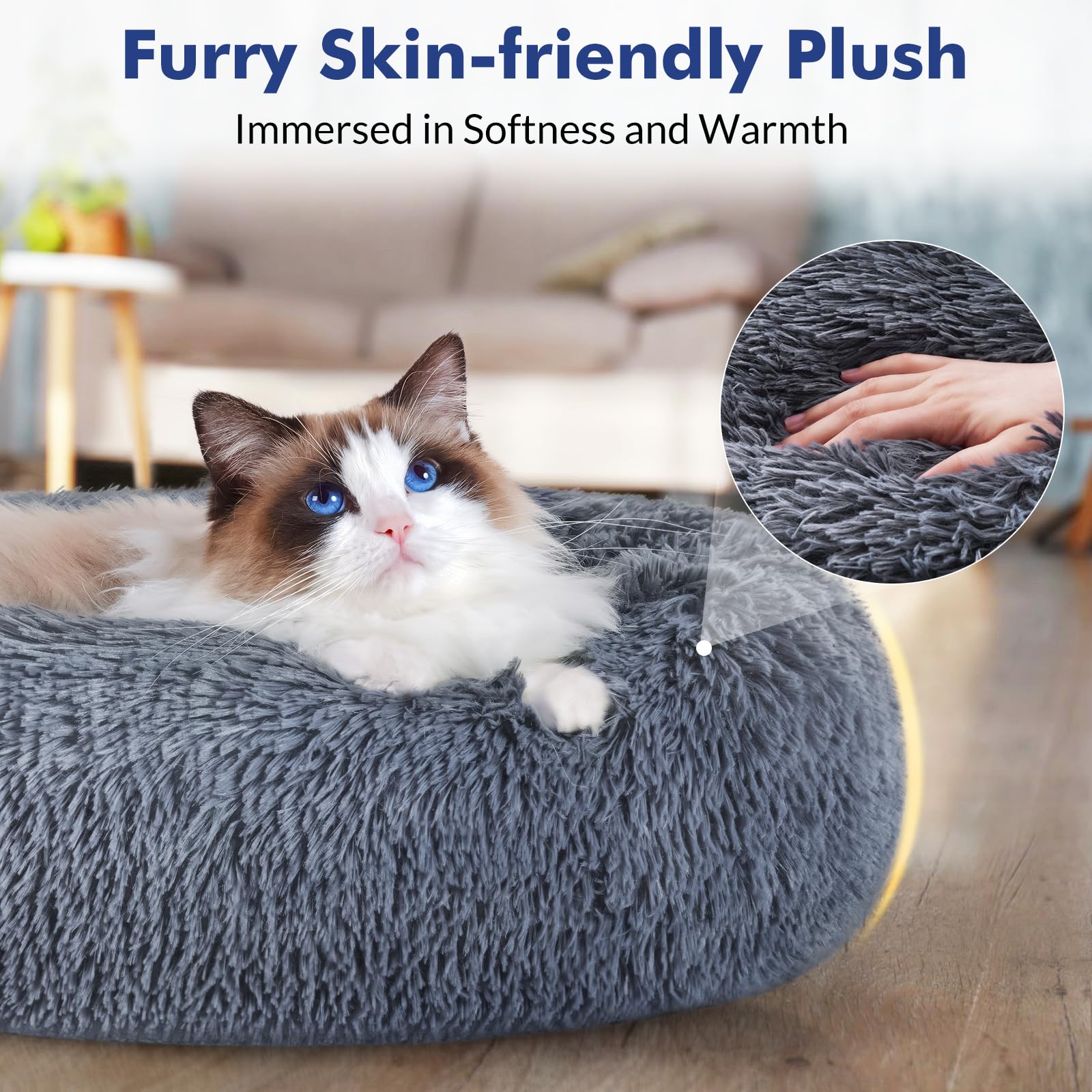 Rabbitgoo Cat Beds For Indoor Cats, 24 Inches Cat Bed Machine Washable, Fluffy Round Pet Bed Non-Slip, Calming Soft Plush Donut Cuddler Cushion Self Warming For Small Dogs Kittens, Dark Grey, Large
