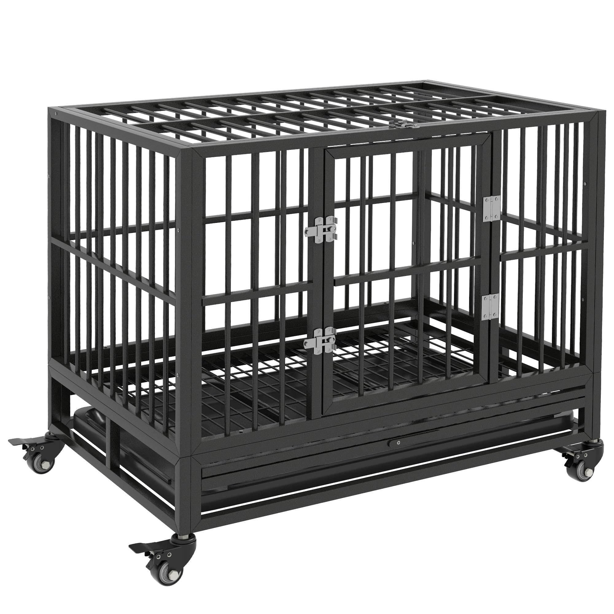 Pawhut 36' Heavy Duty Dog Crate Metal Cage Kennel With Lockable Wheels, Double Door And Removable Tray, Gray