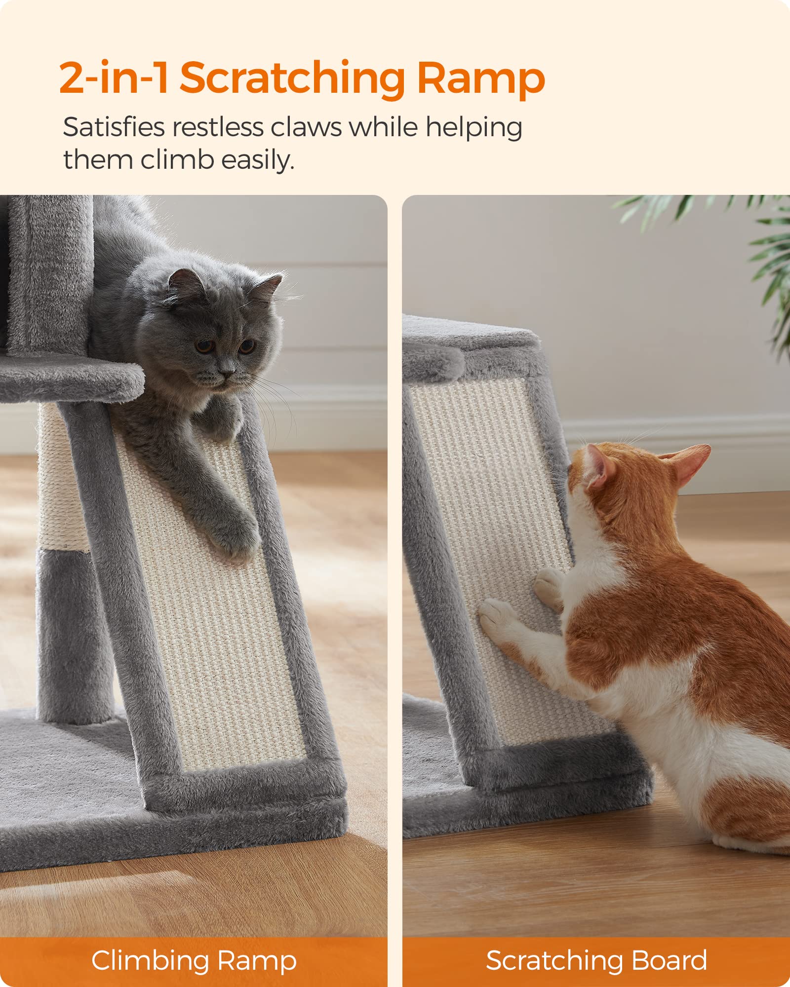 Feandrea Cat Tree, Small Cat Tower With Widened Perch For Large Cats Indoor, Kittens, 37.8-Inch Multi-Level Cat Condo, Scratching Posts And Ramp, 2-Door Cat Cave, Cat Basket, Light Gray Upct51W