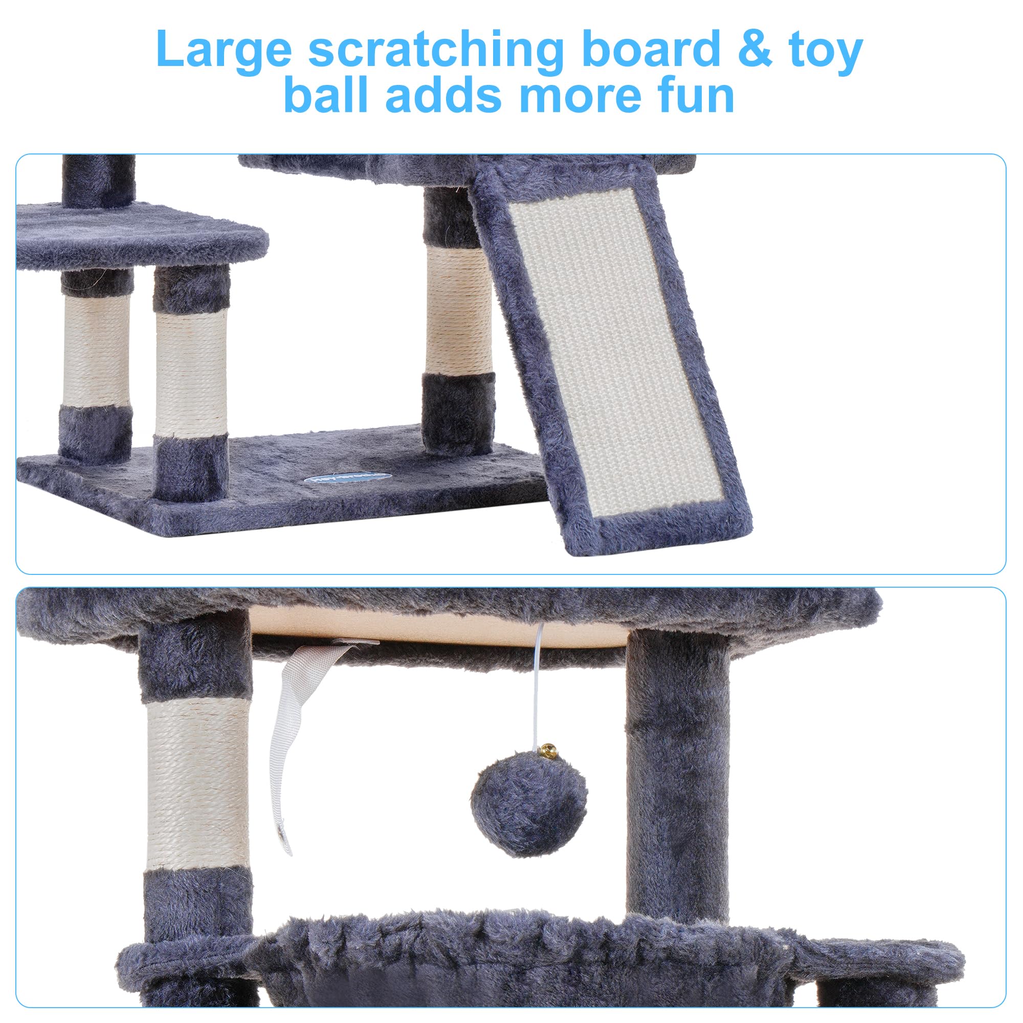 Hey-Brother Cat Tree, Cat Tower For Indoor Cats, Cat House With Large Padded Bed, Cozy Condo, Hammocks, Sisal Scratching Posts, Big Scratcher, Smoky Gray Mpj006Sg