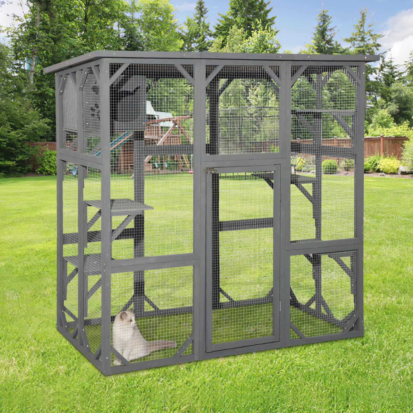 Titimo Catio Outdoor Cat Enclosure Large Wooden Outdoor Cat House With Small House, Cat Cage With 6 Platforms And Weather Protection (Gray,63' X 31.1' X 59.33')