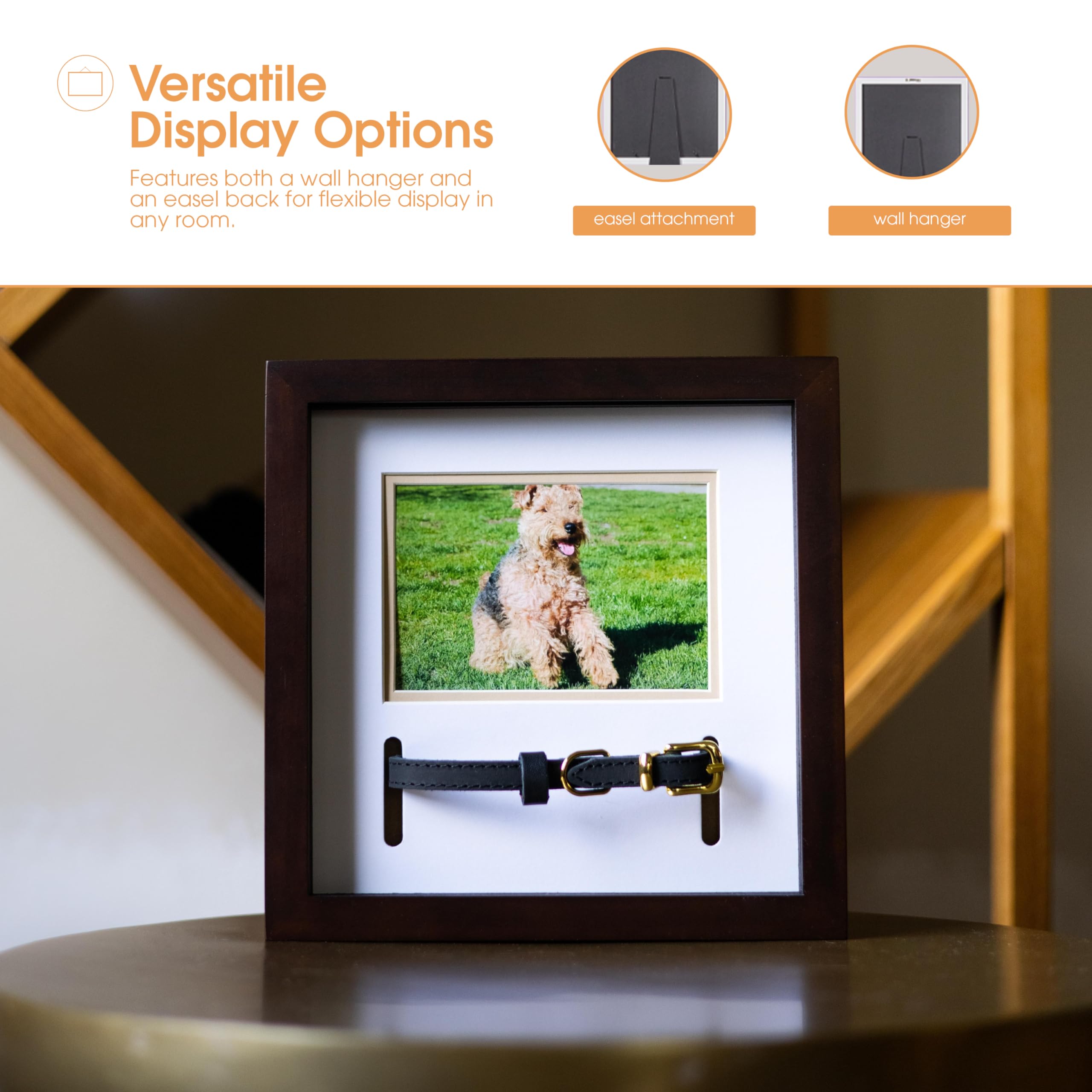 Pearhead Pet Collar Keepsake Frame - Dual Display Memorial Keepsake For Cat & Dog Collars, Wall Mount Or Tabletop, Ideal Gift And Home Decor For Pet Owners, 3' X 4.5' Photo Insert, Espresso