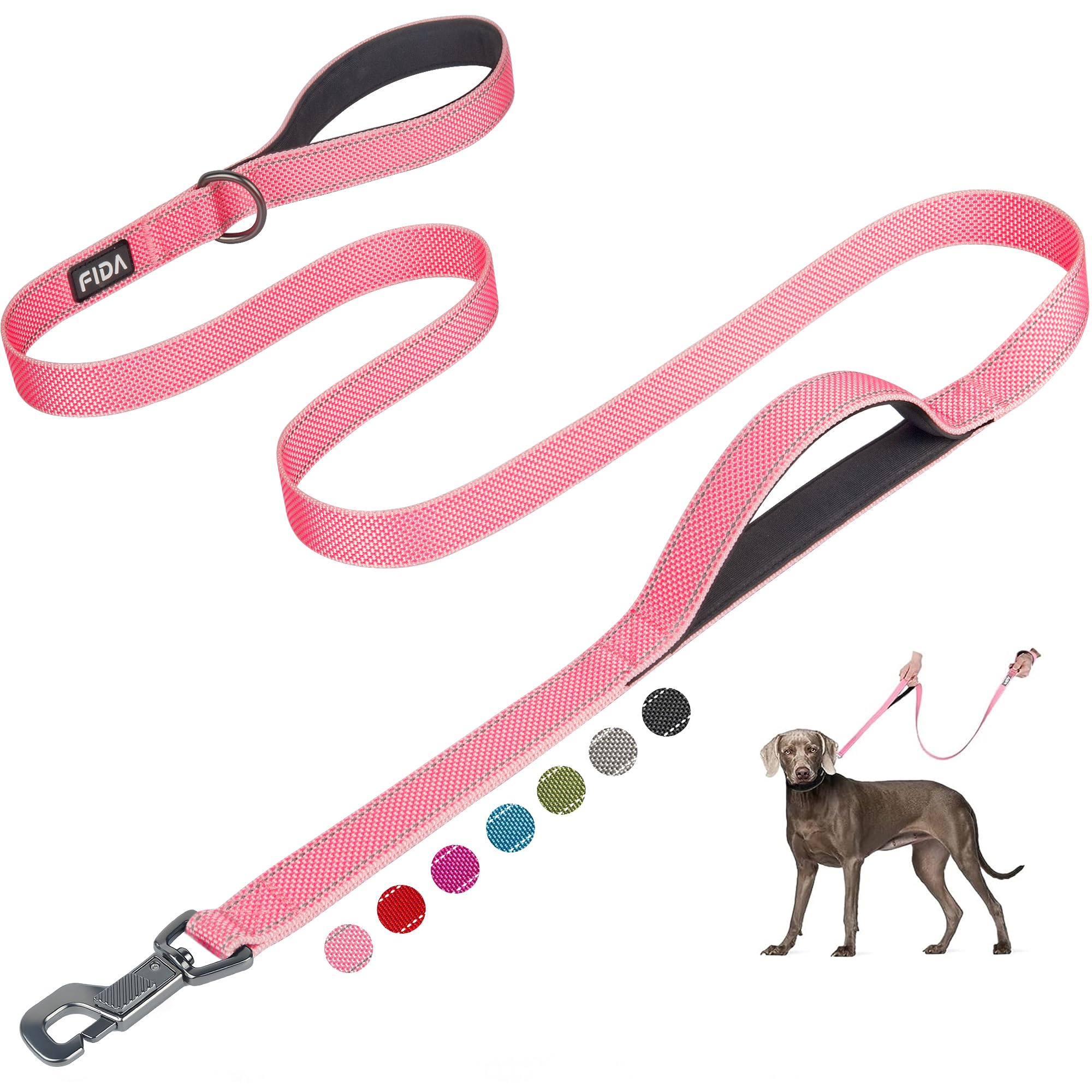 Fida 6 Ft Heavy Duty Dog Leash With 2 Comfortable Padded Handles, Traffic Handle & Advanced Easy Snap Hook, Reflective Walking Lead For Large, Medium & Small Breed, Pink