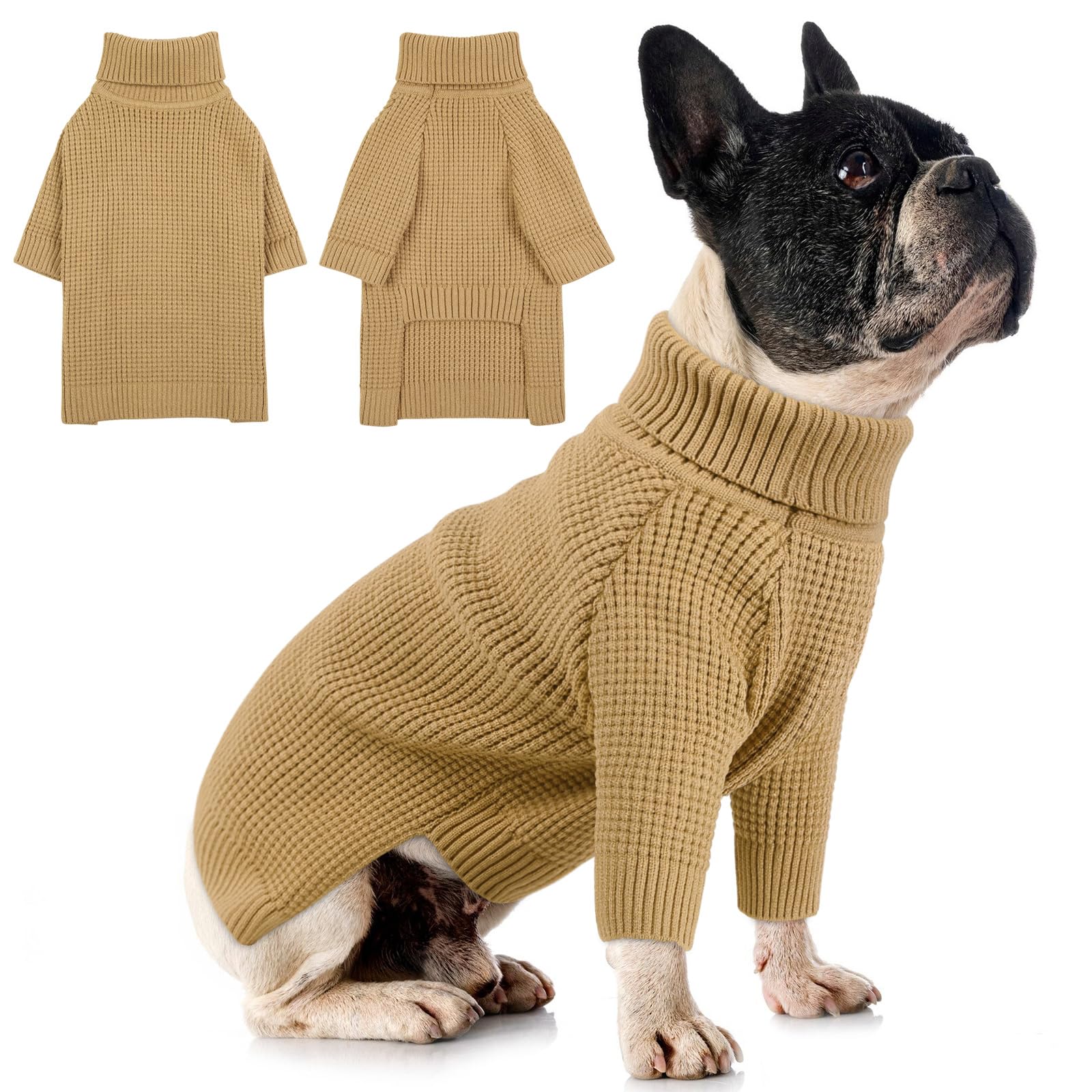 Queenmore Dog Sweater, Turtleneck Long Sleeve Knitted Dog Sweater With Check Pattern, Fall Winter Warm Pet Sweaters, Solid Pull-