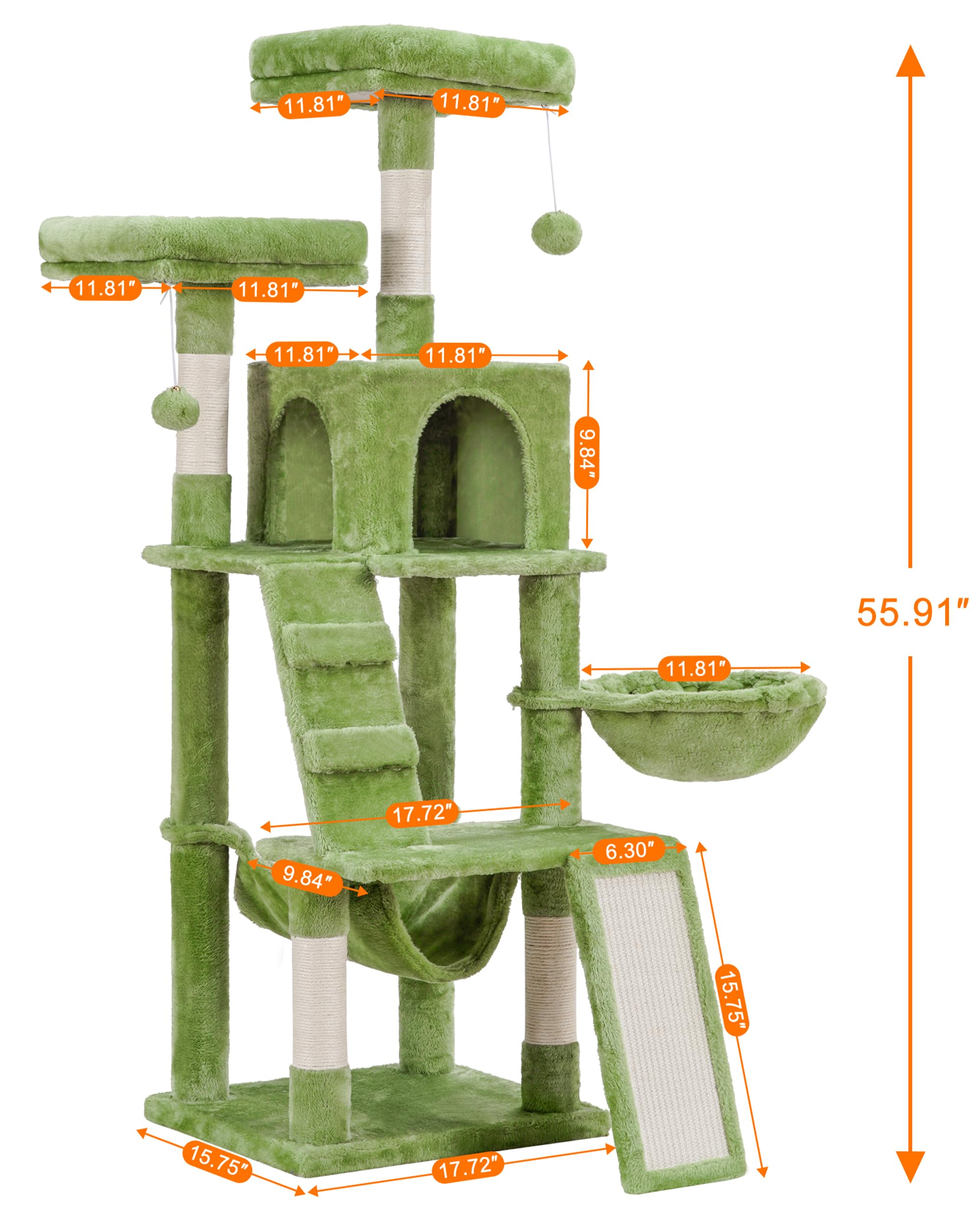 Heybly Cat Tree, Cat Tower For Indoor Cats,Multi-Level Cat Furniture Condo For Cats With Padded Plush Perch, Cozy Basket And Scratching Board Smoky Green Hct014Gr