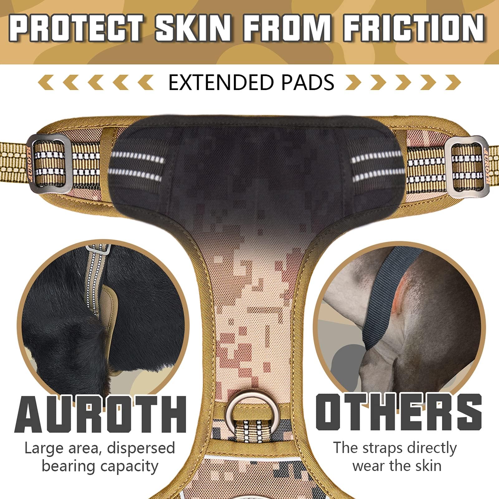 AUROTH Tactical Pet Harness for Large Dogs, No Pull, Adjustable, Nylon, L, Desert Camo, Model 301-Desert Camo-L