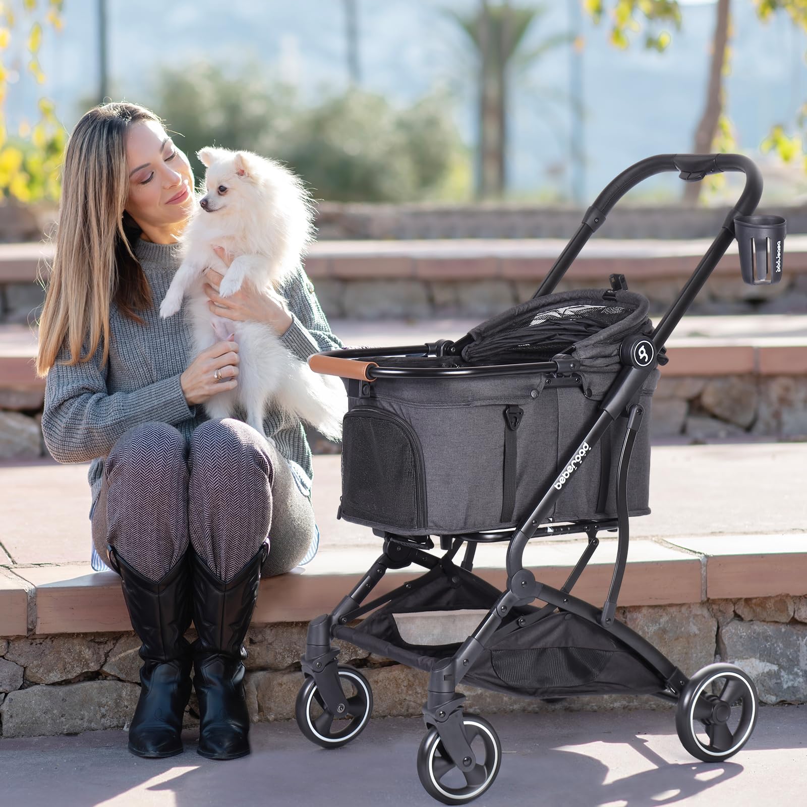 BEBEROAD PETS T3 3-in-1 Pet Stroller for Dogs & Cats, Black, Detachable Carrier, Canopy & Cup Holder