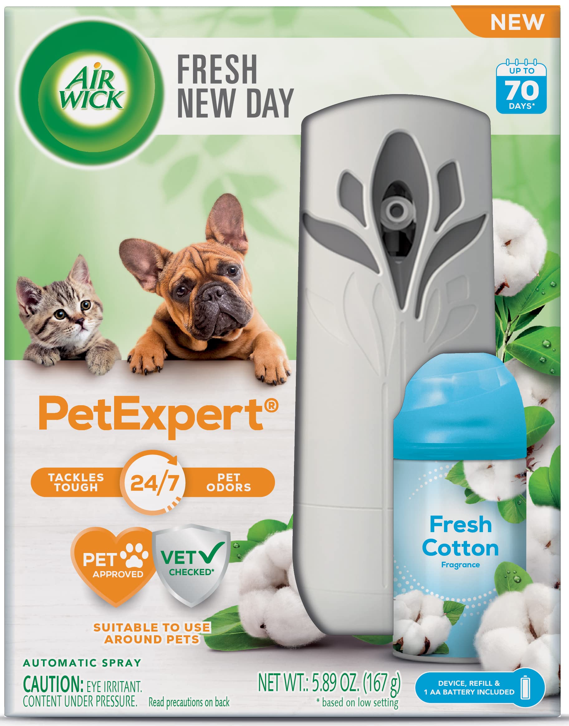 Air Wick Automatic Spray Starter Kit Fresh New Day Pet Fresh Cotton, Air Freshener, Essential Oils