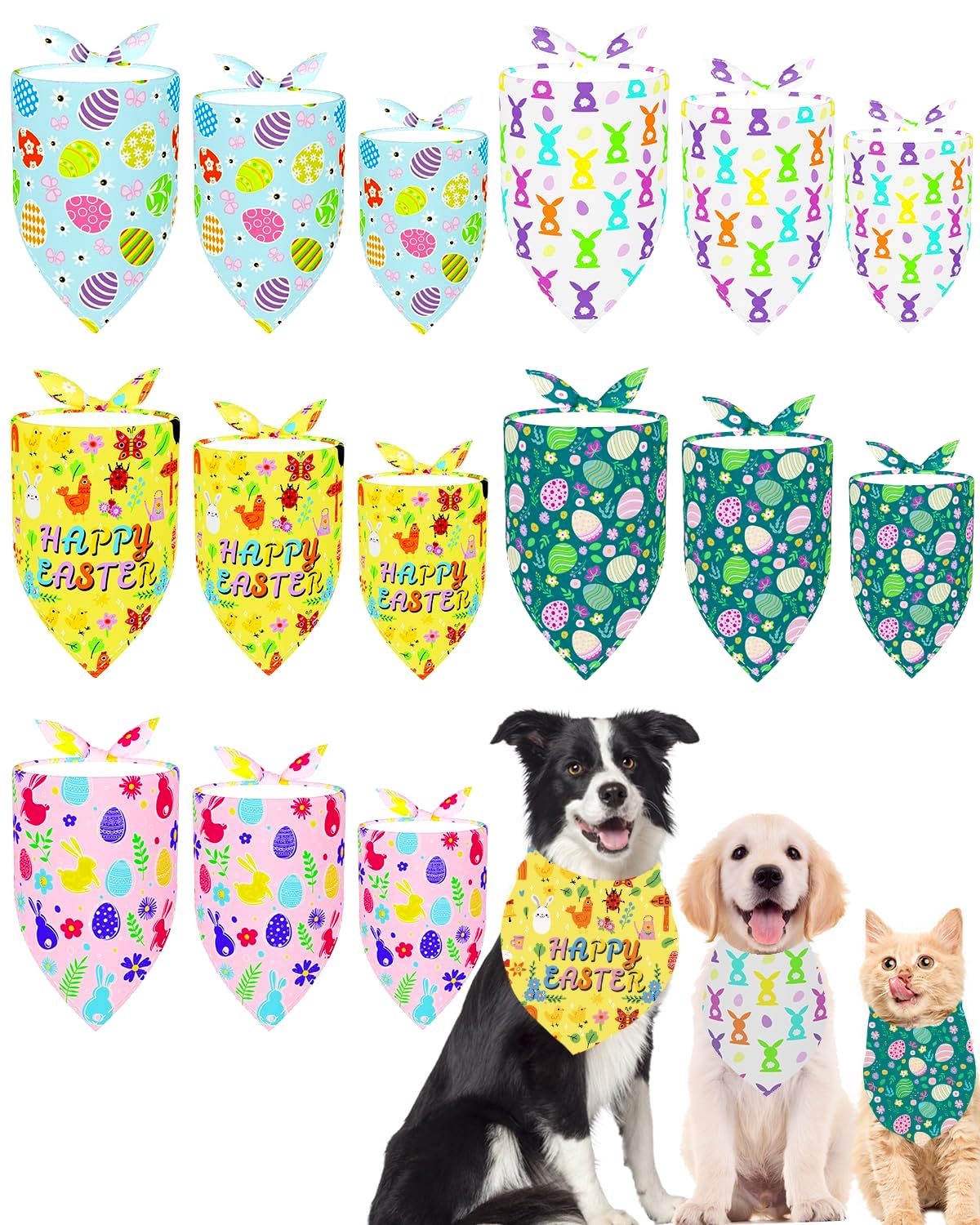 Pet Show 15 Pack Easter Dog Bandanas Bulk Large Medium Small 3 Mixed Sizes Bunny Eggs Dogs Head Scarves Spring Puppy Triangle Bi