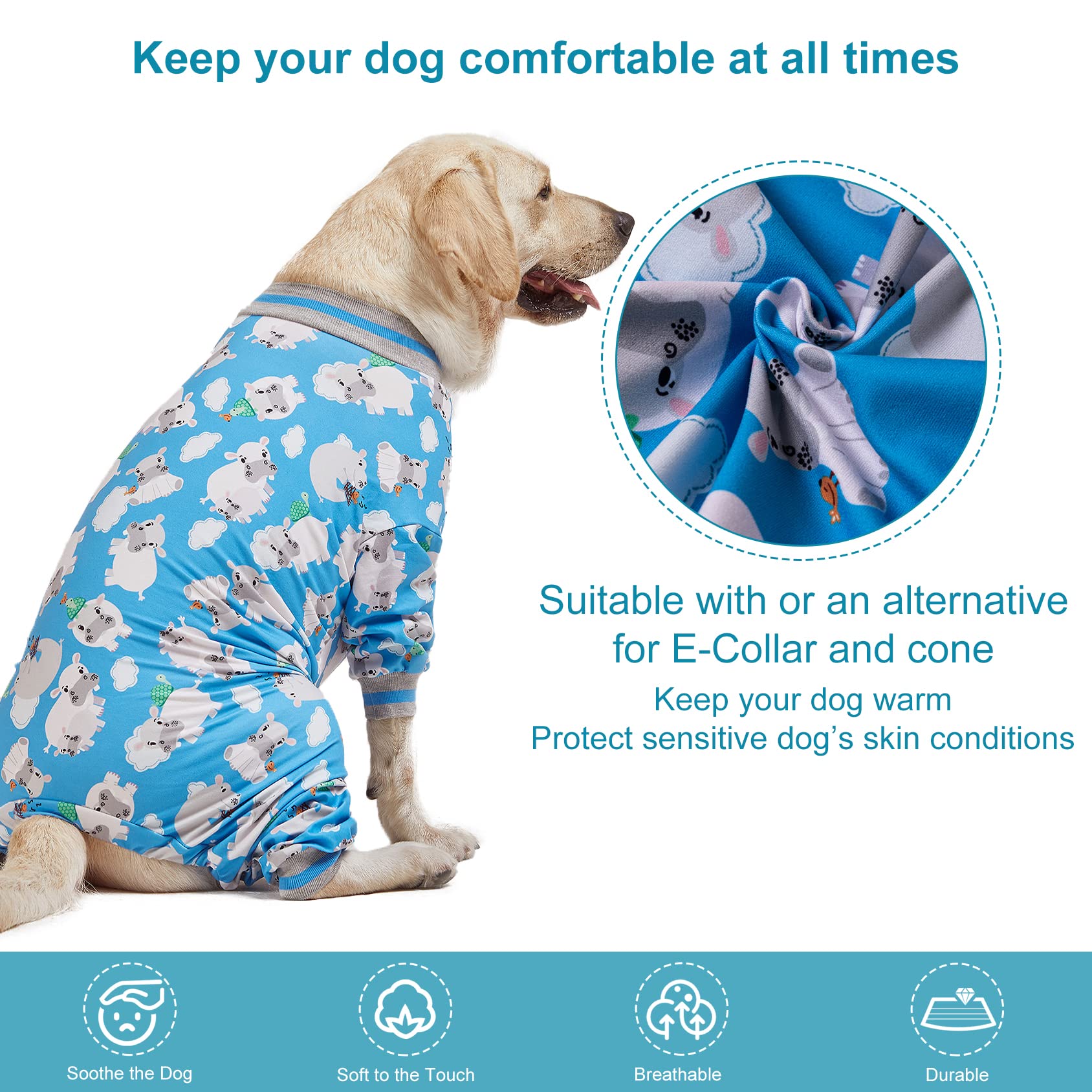 LovinPet Dog Pajamas, Cozy Pullover PJs for Large Dogs, 65% Cotton, Blue, XX-Large, Happy Hippo Print, Model LP-8JHEMAYUN