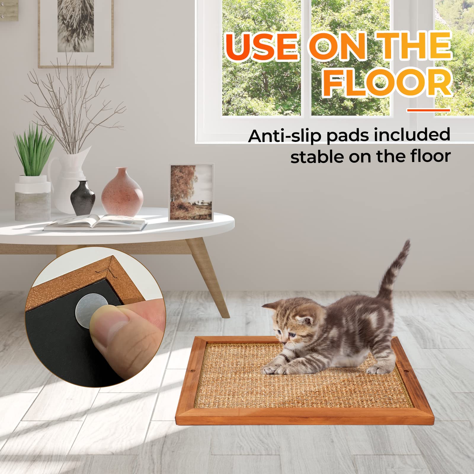 2PCS Cat Scratching Post - BXL, Natural Wooden Sisal Cat Wall Scratcher, Floor or Wall Mounted Vertical Cat Scratch Pad for Indo