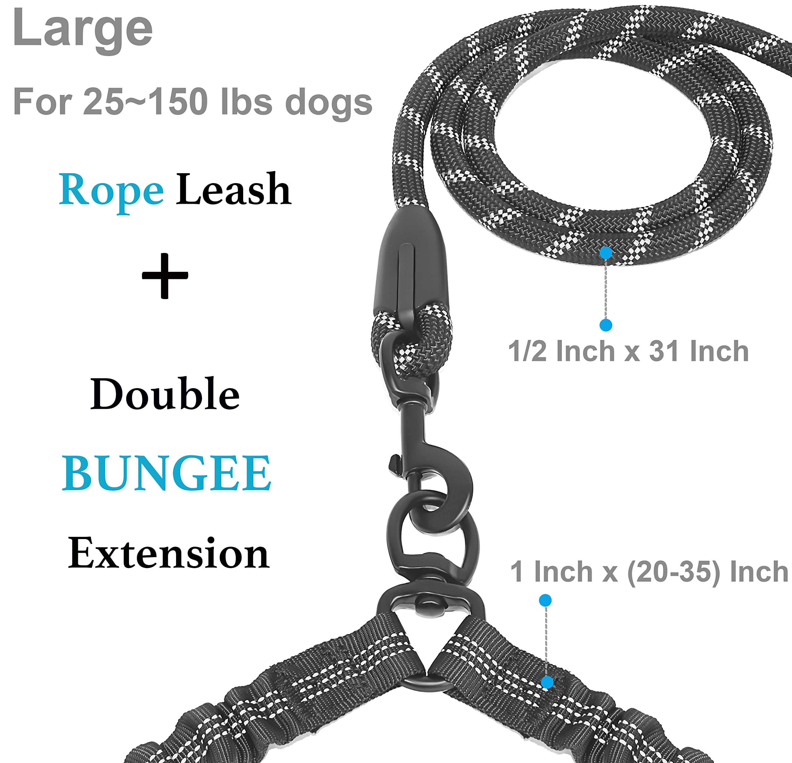 Iyoshop Dual Dog Leash, Double Dog Leash, 360 Swivel No Tangle Walking Leash, Shock Absorbing Bungee For Two Dogs, Black, Large (25-150 Lbs)