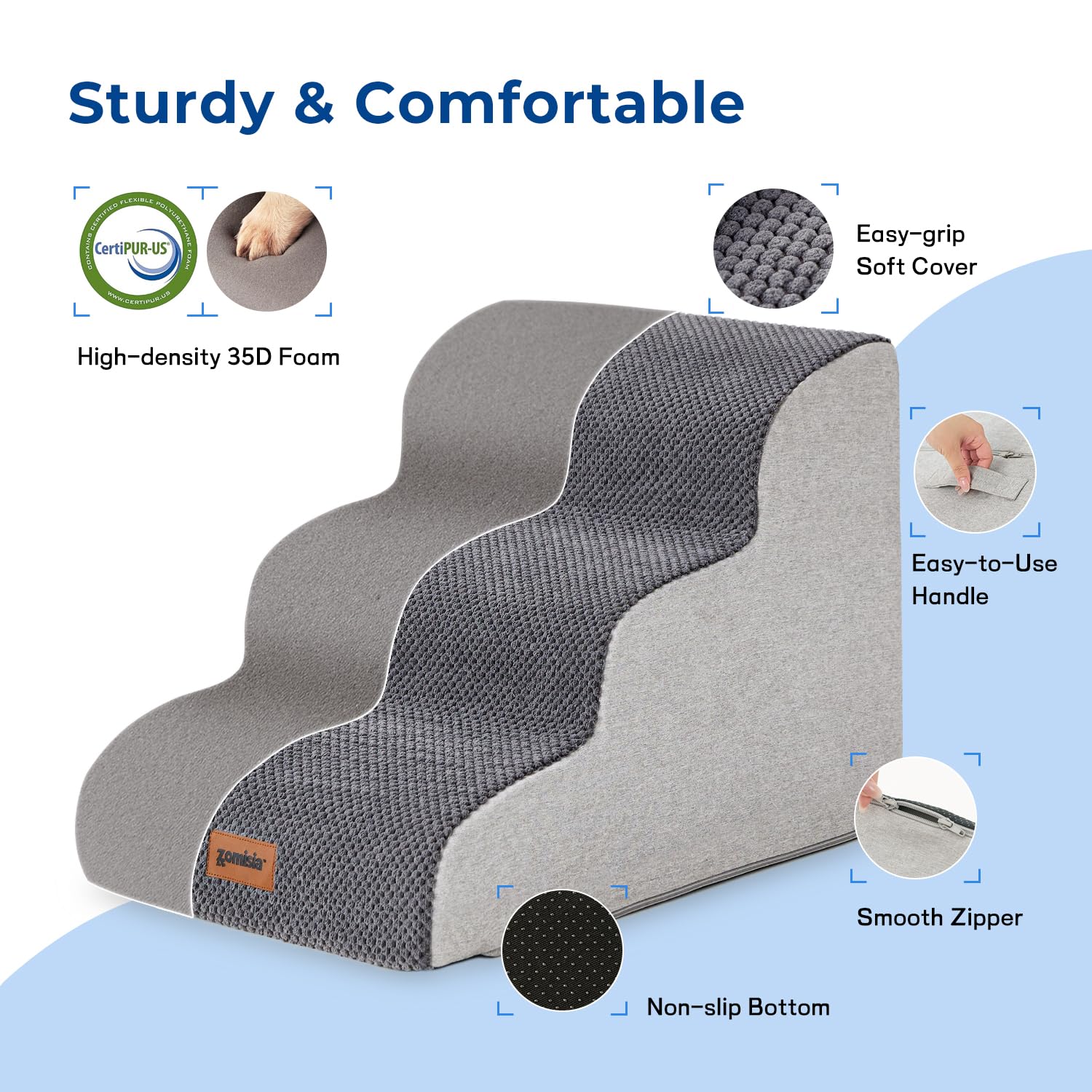 Zomisia Dog Stairs For Small Dogs - Pet Stairs For Couch And Bed, 35D Foam Dog Steps Ramp With Non-Slip Bottom Beige, 3 Steps