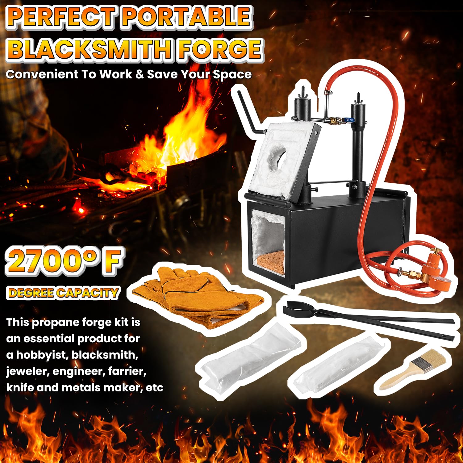 Portable Propane Gas Forge Double Burner 2700F/1482? Large Capacity Square Forging Furnace For Blacksmithing Farrier Knife Tool