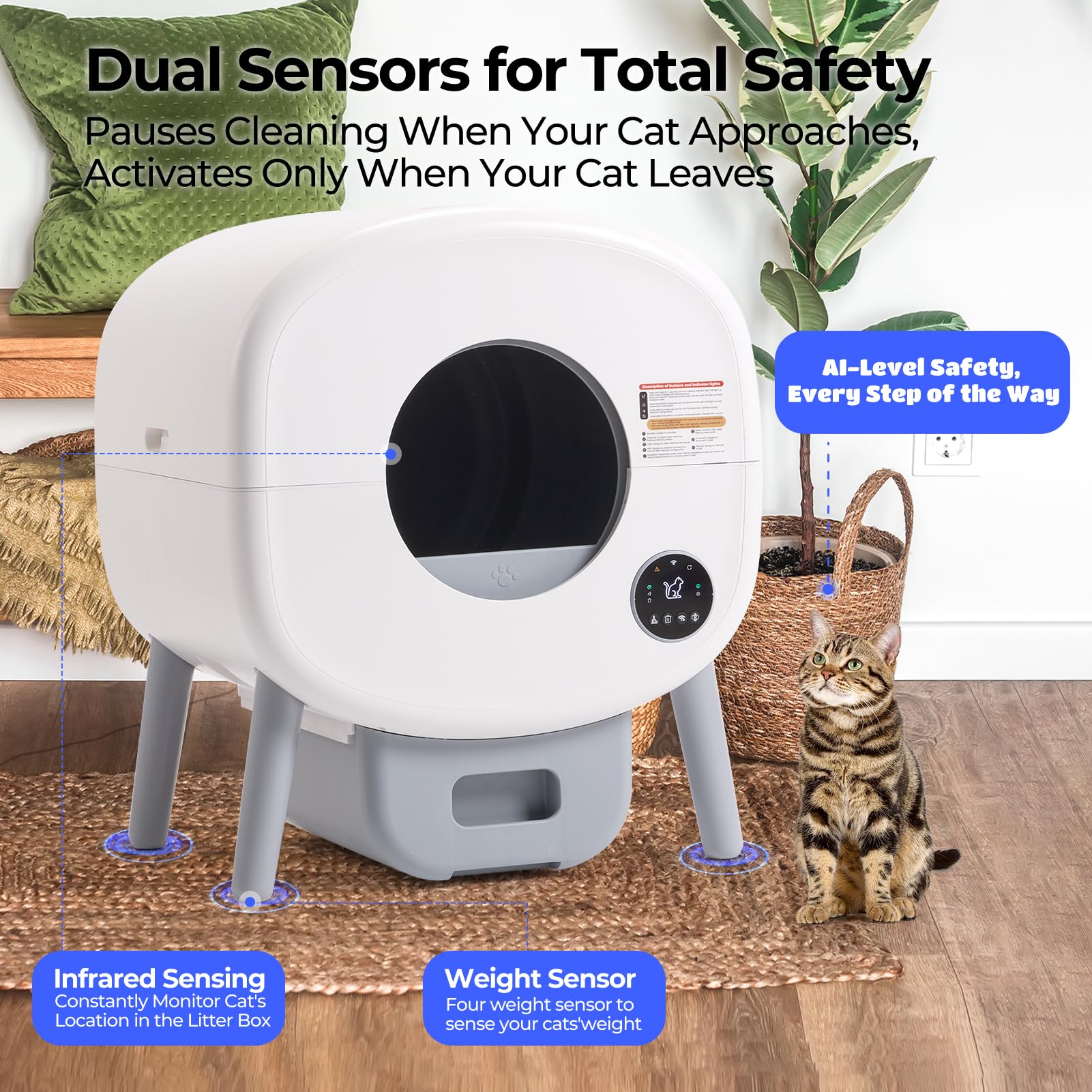 Fsitego Self Cleaning Litter Box: Extra Large Automatic Litter Box Self Cleaning for Multiple Cats, Odor-Free, App-Controlled, A