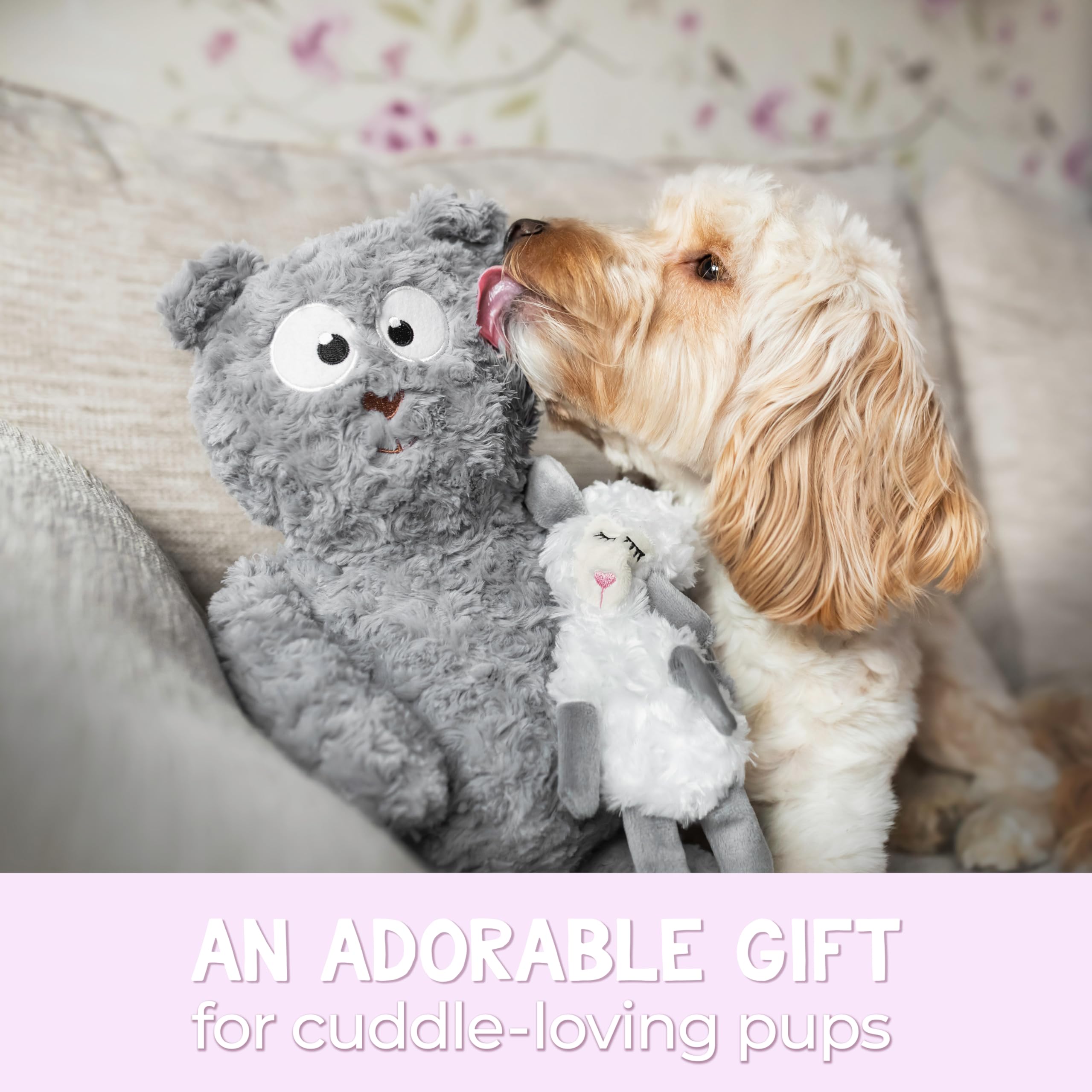BULLTUG Plush Dog Toy Set - Squeaky Teddy Bear & Crinkle Lamb, Large, Grey and White, Soft Polyester Blend for Gentle Chewers