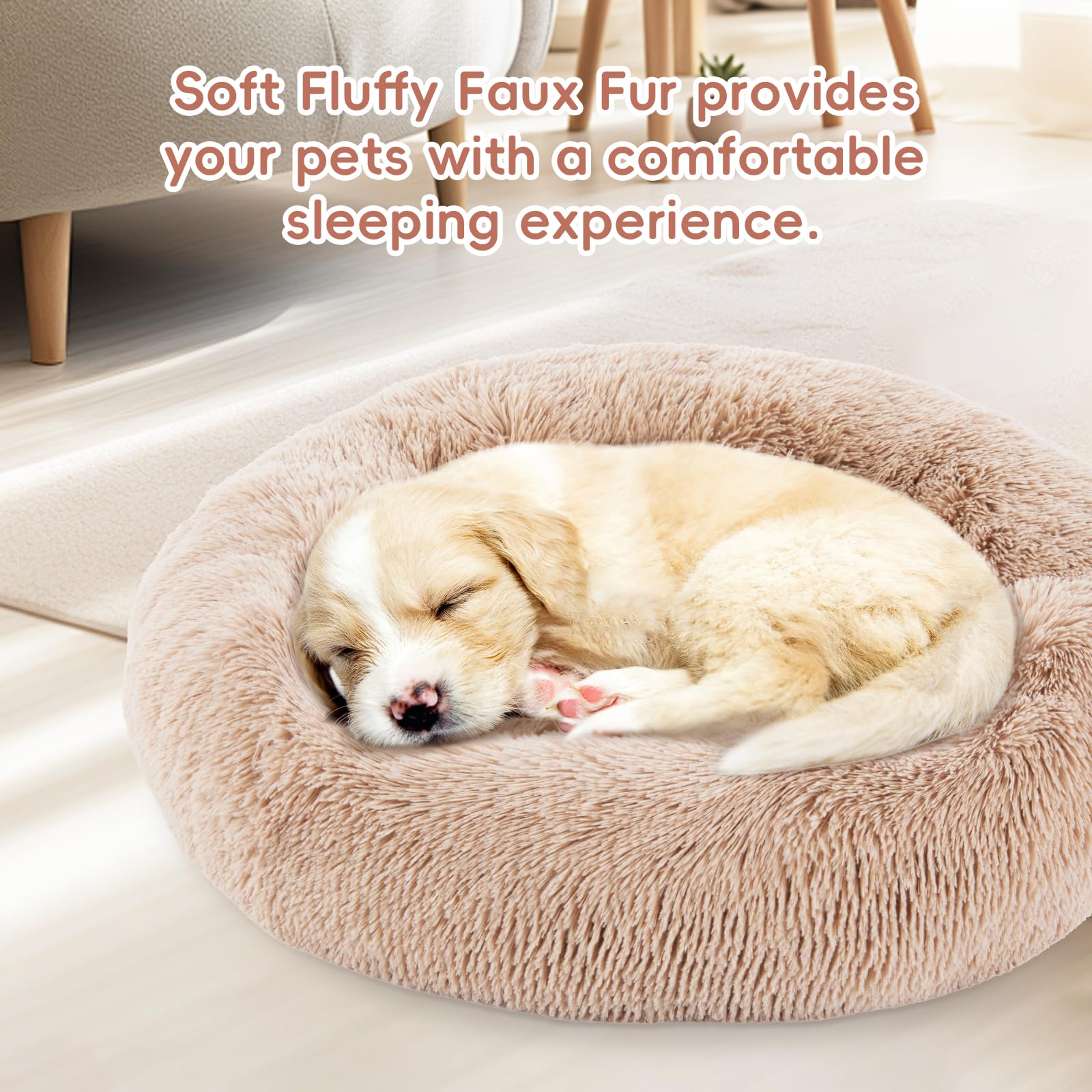 Fluffydream 24 Inch Donut Calming Cat Bed, Brown Dog Round Sofa Washable, Plush Fur Pet Chair, Brown