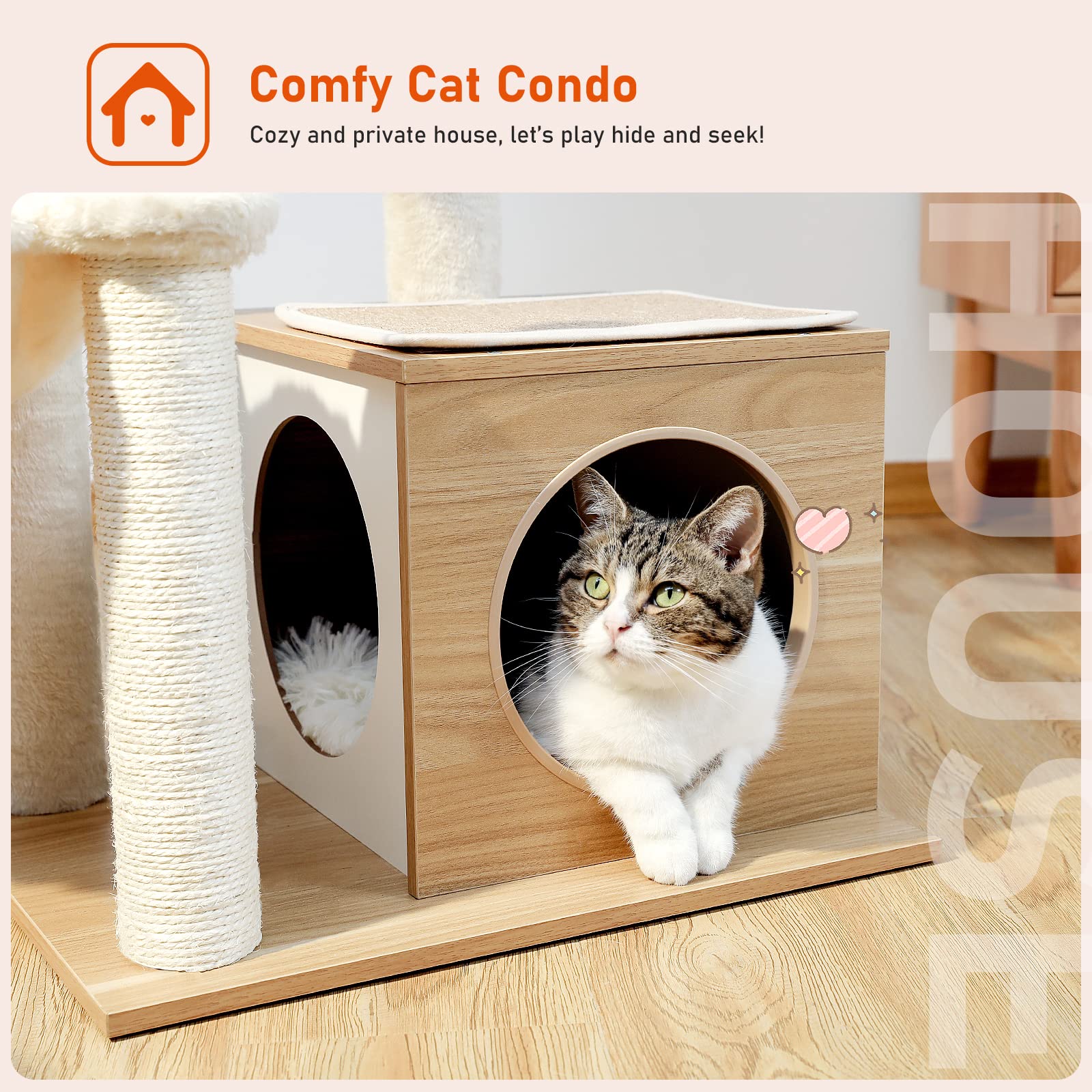 PEQULTI Cat Tree - Modern Indoor Multi-Level Tower with Condo, Hammock, Scratching Post - 43" Wooden Beige - Model AM52-AMT0106BG