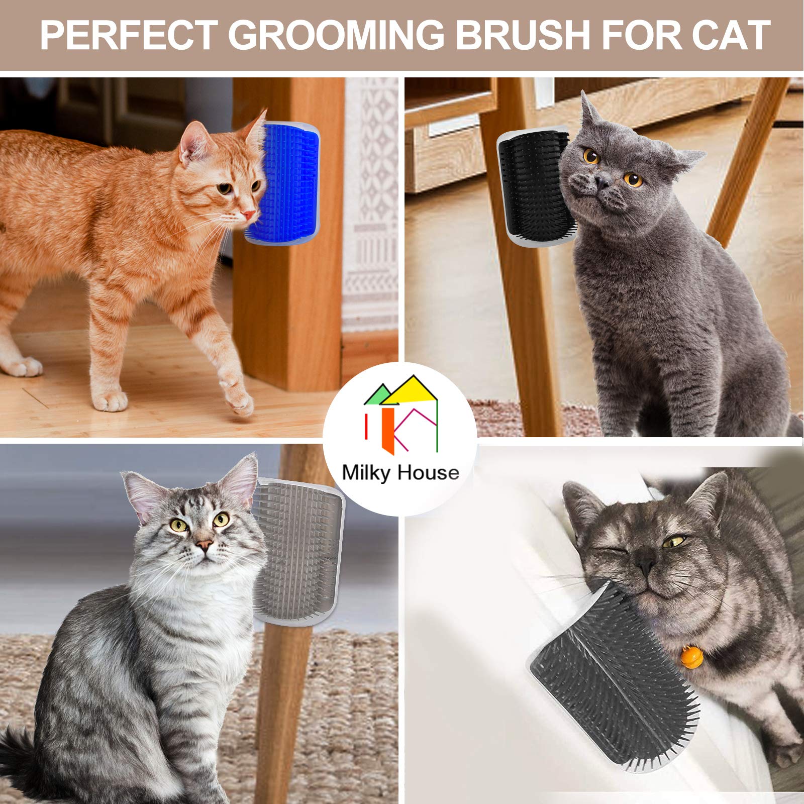 Self Groomer For Cats - 4Pack Slicker Brushes, All-In-One Grooming Tool With Wall Corner Scratcher, Trimmer, Massage Combs For Short & Long Fur Pets