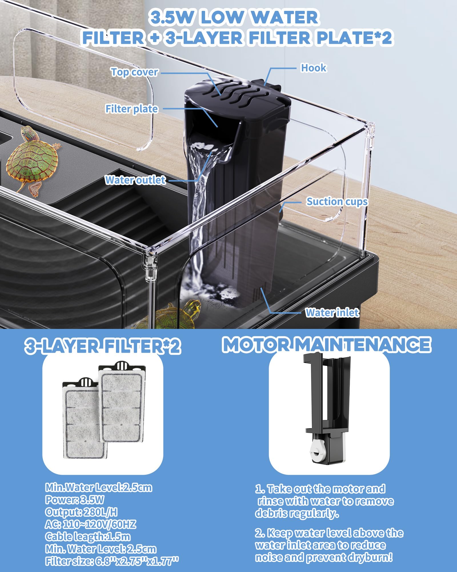 Moonorange Small Turtle Tank Kit, Acrylic Turtle Tank Starter Kit With Basking Platform, Bottom Drainage, Multi-Function Areas F