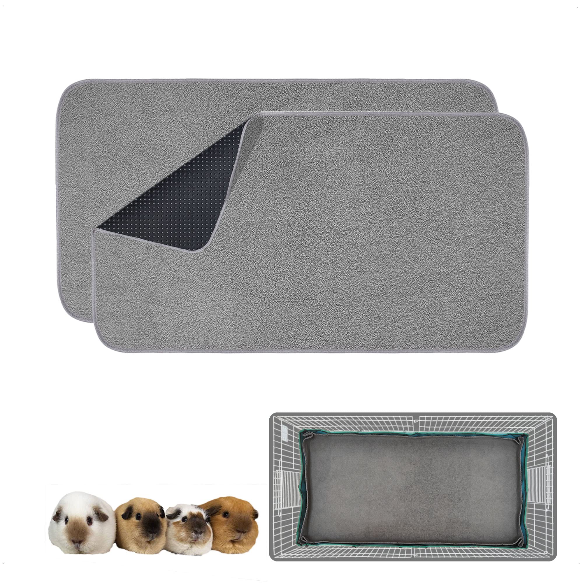 GINIDEAR Guinea Pig Cage Liner, 2 Pack - Washable, Reusable, Leakproof Fleece Bedding Pads for Small Animals with Anti-Slip Bott