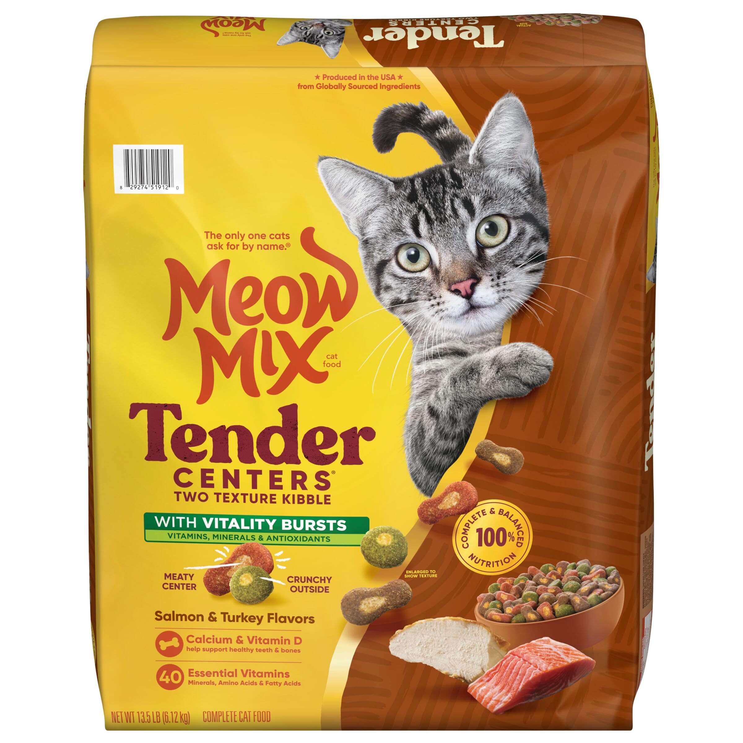 Meow Mix Tender Centers Dry Cat Food, Salmon & Turkey with Vitality Bursts, 13.5 Pound Bag