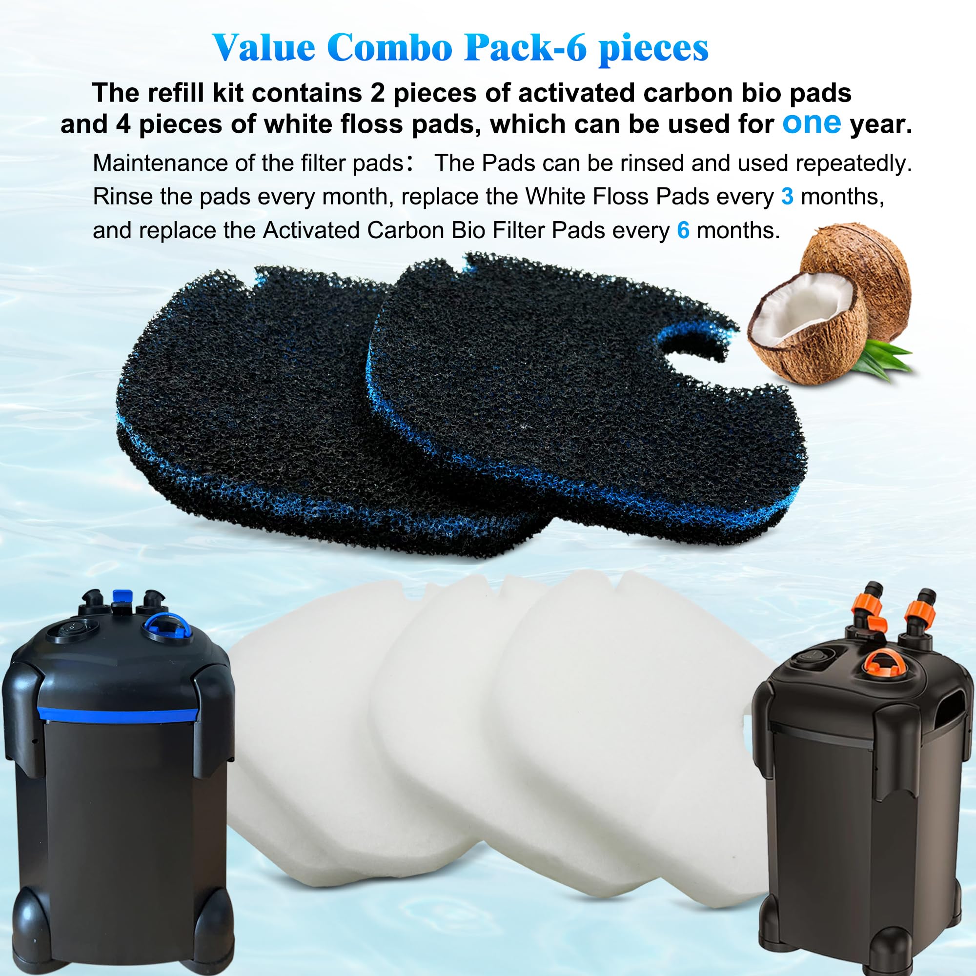 Replacement Cotton White Floss Pads And Activated Carbon Sponge Bio Filter Pads Refill Kit For Amosijoy Aquarium Canister Filter