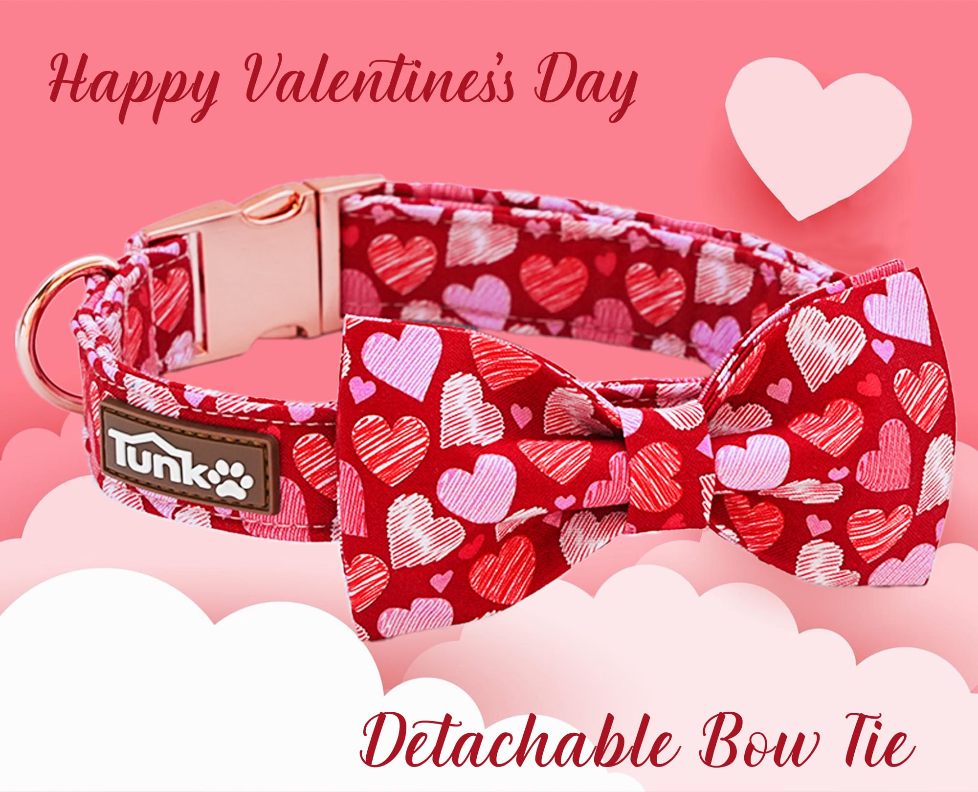 Tunkoo Valentine'S Day Dog Collar With Bow - Adjustable, Heart Print Design, Rose Gold Metal Buckle Cute & Stylish Pet Accessory