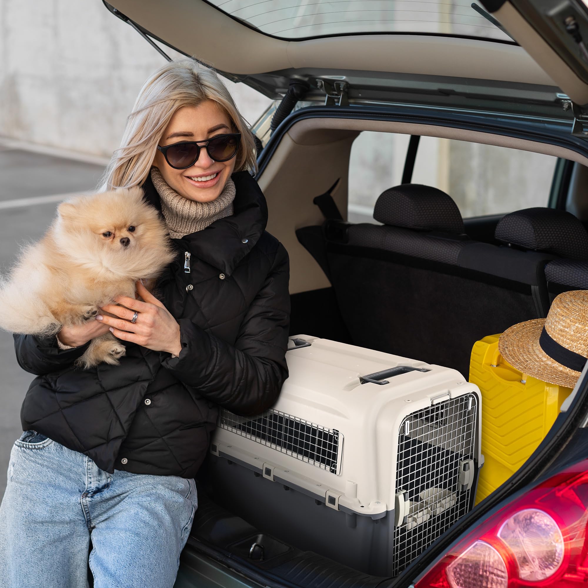 Elevon Plastic Dog Crate - Airline Approved Pet Carrier, X-Large, Gray, Model QD-ELPK-01XL-BAU, for Dogs and Cats